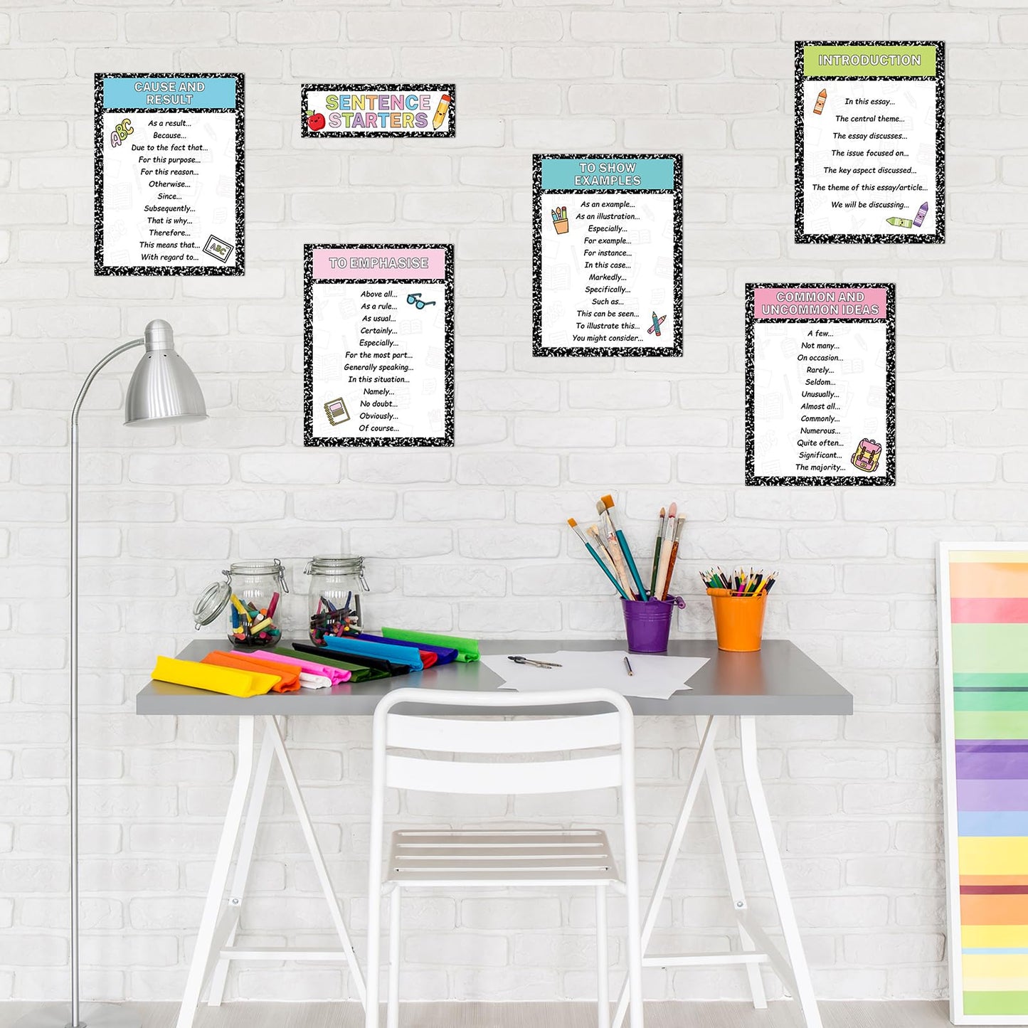 Dunzoom 9 Pieces Sentence Starters Posters Descriptive Vocabulary Classroom Educational Posters English Grammar Chart Bulletin Board Decoration for Middle High School Classroom(Composition Style)