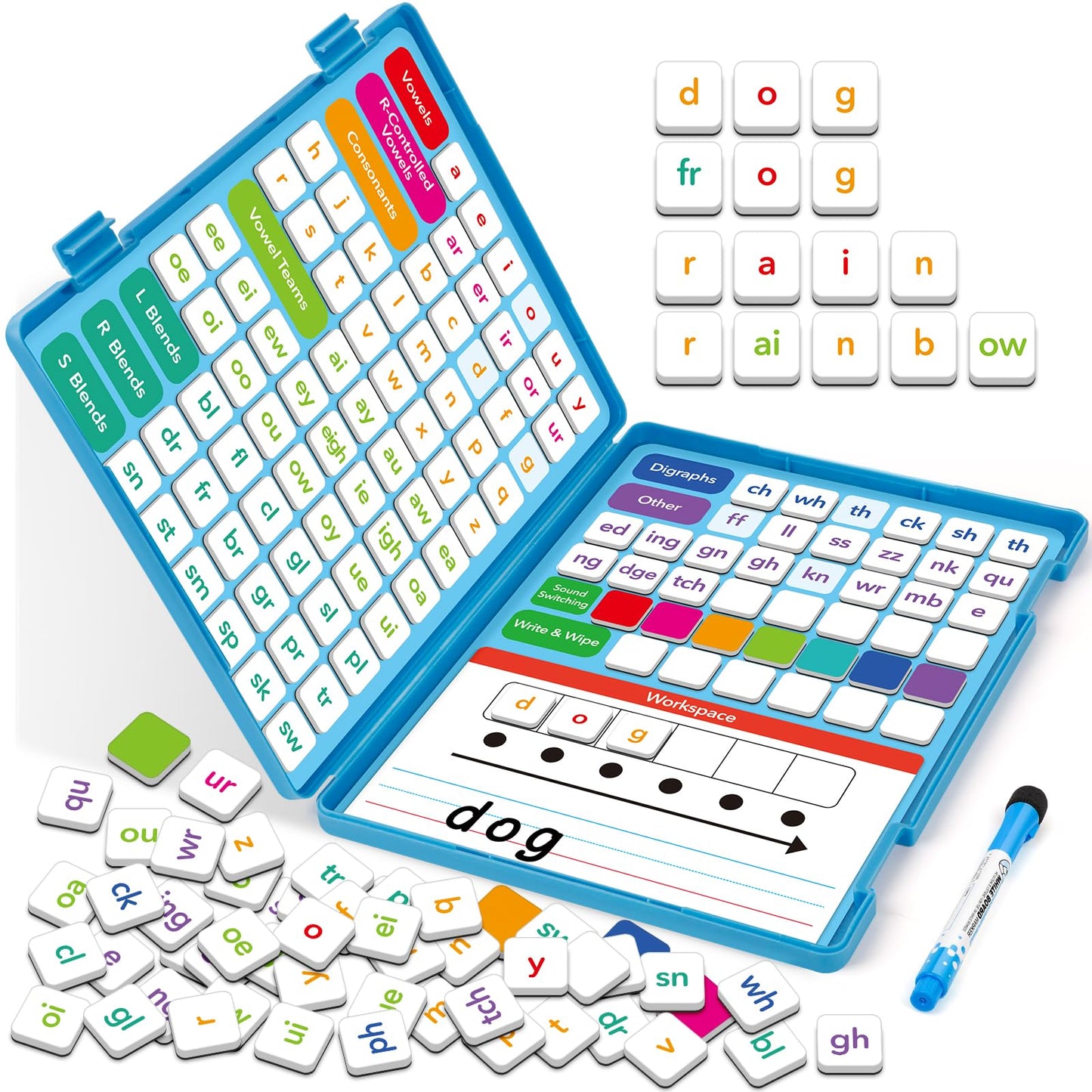 Phonics Magnetic Letter Tiles,Phonics Games Magnetic Letters,Reading Spelling Games with Word Build Boards & All-in-one Storage Case,Word Family Build Game for Preschool Pre k Kindergarten Classroom