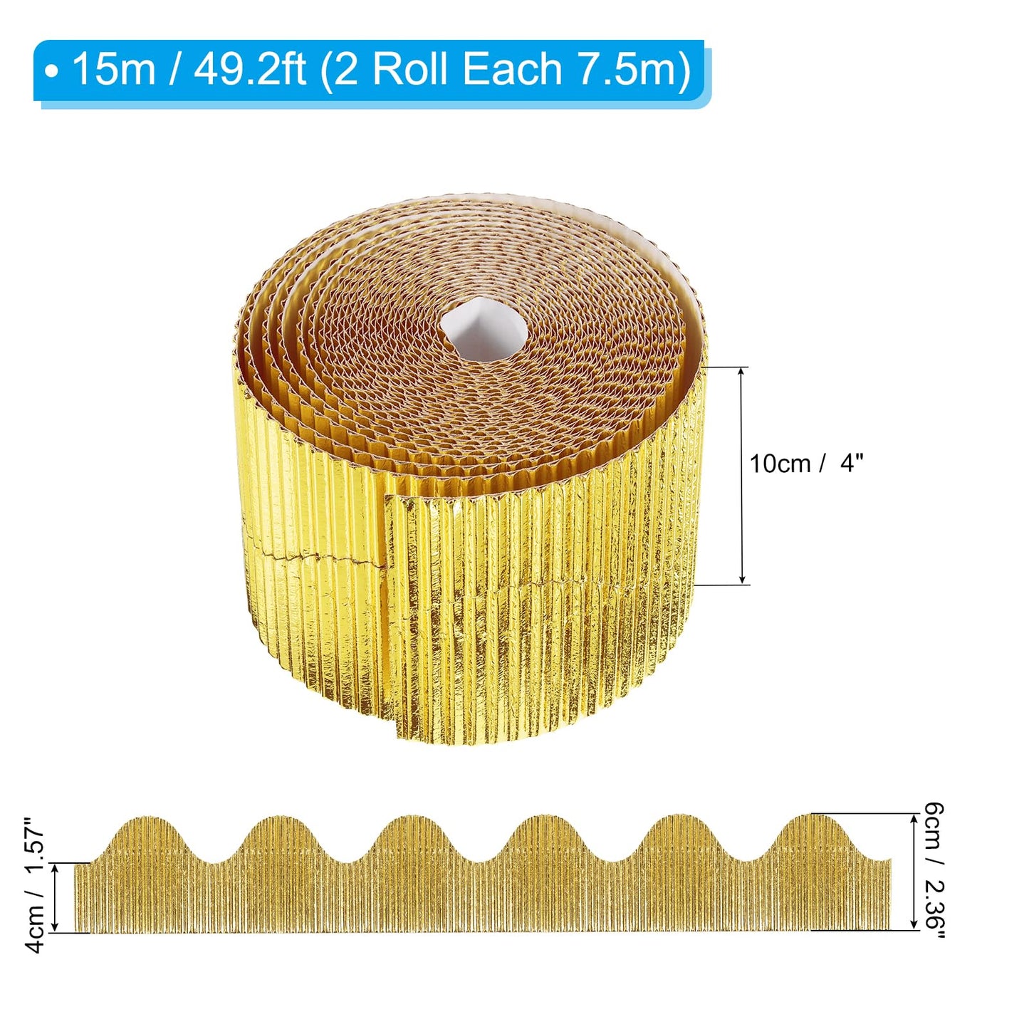 PATIKIL 3.9inch x 49.2ft Bulletin Board Border, Scalloped Trim Paper Corrugated Paper for Locker Classroom Decor Black White Cork Poster Boards, Gold