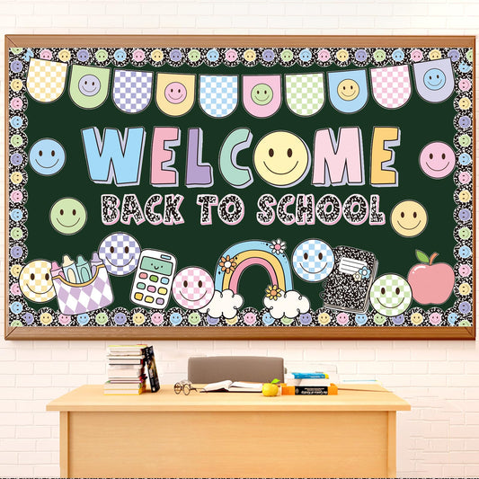 Welcome Back Bulletin Board Decorations Set with Borders Composition Notebook Smile Cutouts Decor for Teachers Back to School Bulletin Board for Class School Classroom Chalkboard Wall Decor