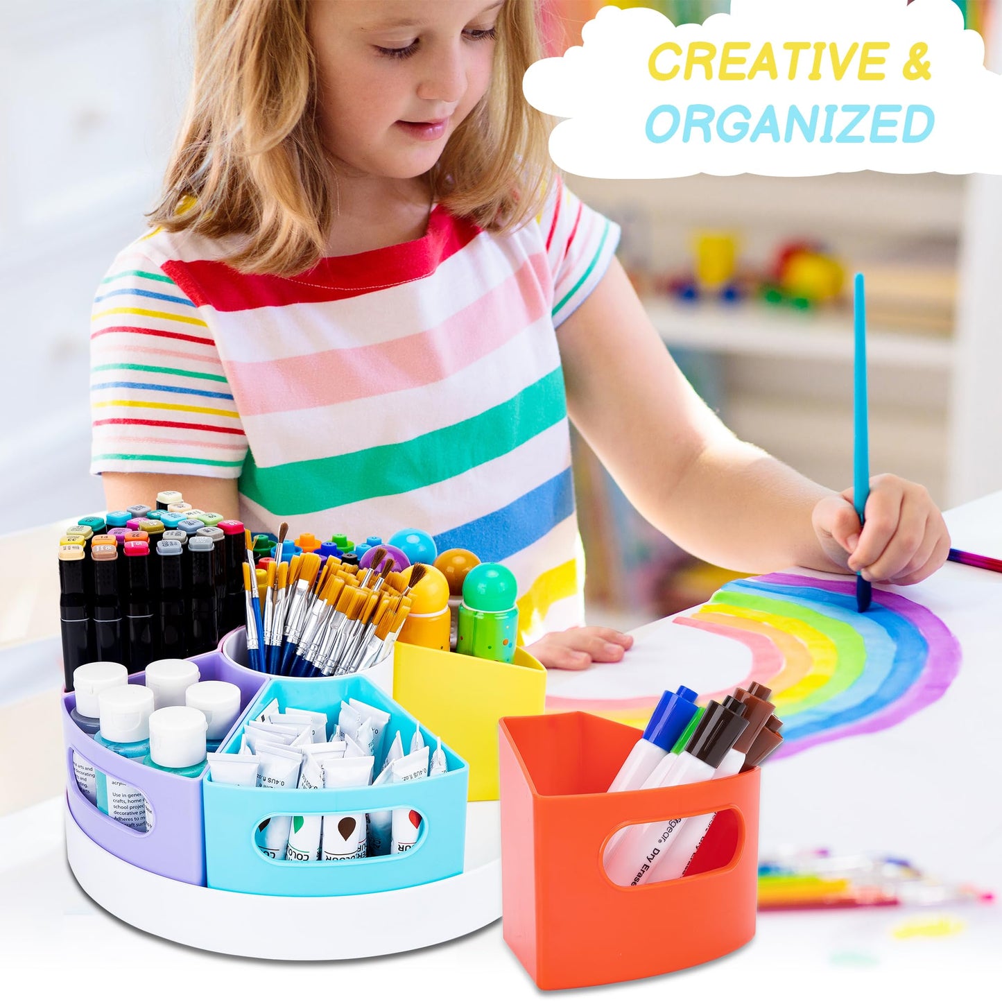 CraftGenes Art Supply Organizer, Extra Large 360 Degree Rotating Pencil Caddy with 7 Removable Compartments, Rainbow Marker Organizer and Craft Caddy for Kids, Teachers, Classroom, School