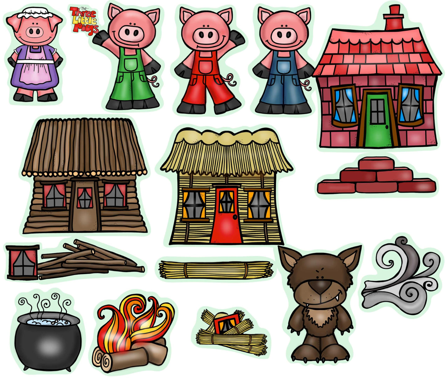Three Little Pigs Story Set Flannel Felt Board Figures 14 Pieces PRECUT Plus Activity Pages Preschool Made in USA of Domestic Felt & Imported Ink(Medium)