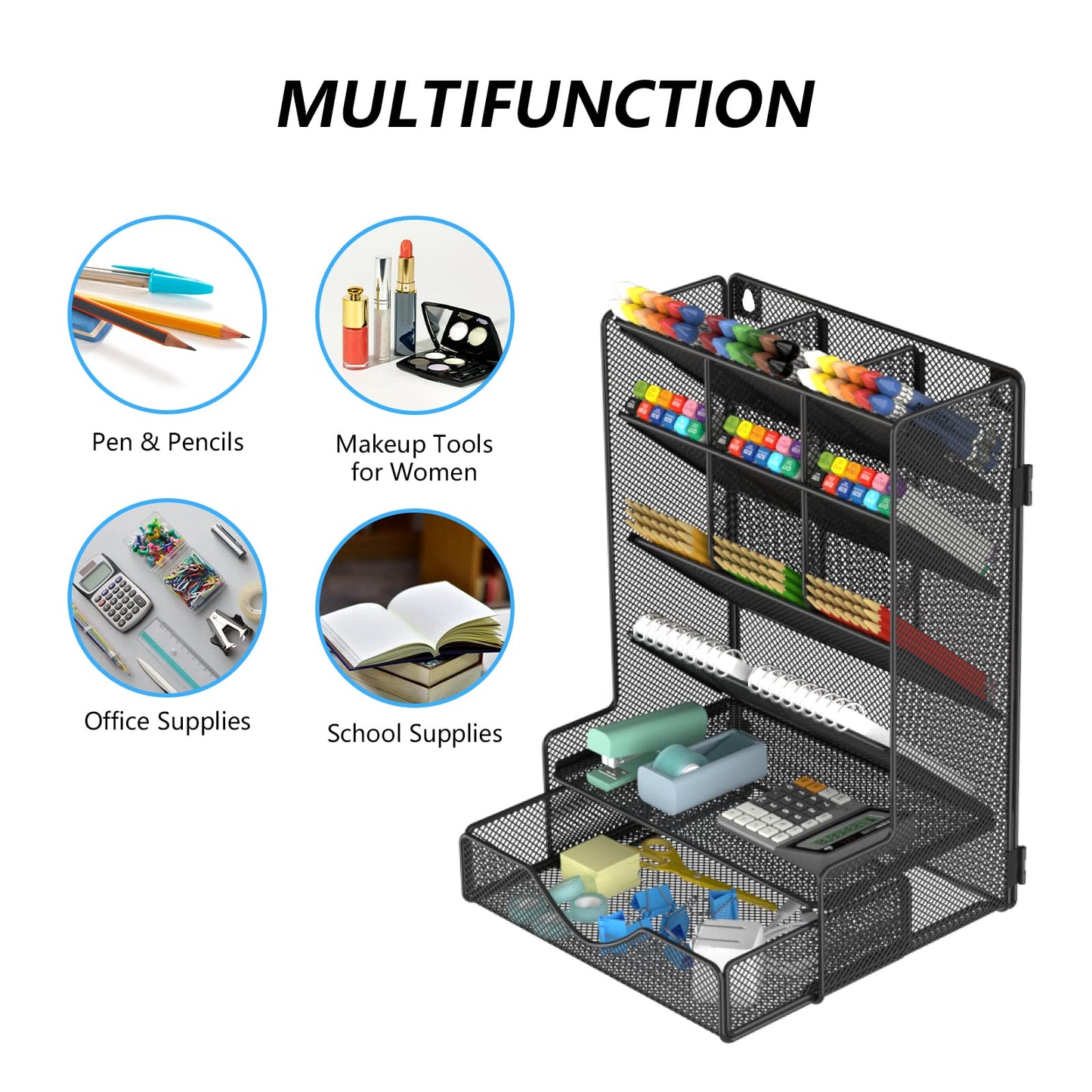BOHDK Pen Organizer for Desk, Multi-Functional Desk Organizer, Wall Mount Pen Holder with Drawer for School, Office, Home, Art Supplies, Black