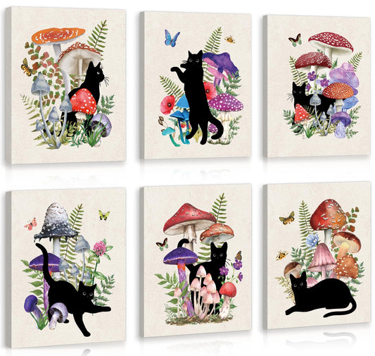 CHDITB Black Cat Canvas Wall Art, Vintage mushroom and cat Wall Decor, Nature Artwork Fantasy Fungus Feline Poster Retro Aesthetic Art Prints For Cats Lover Living Room Bedroom Decor (8X10 Inch)