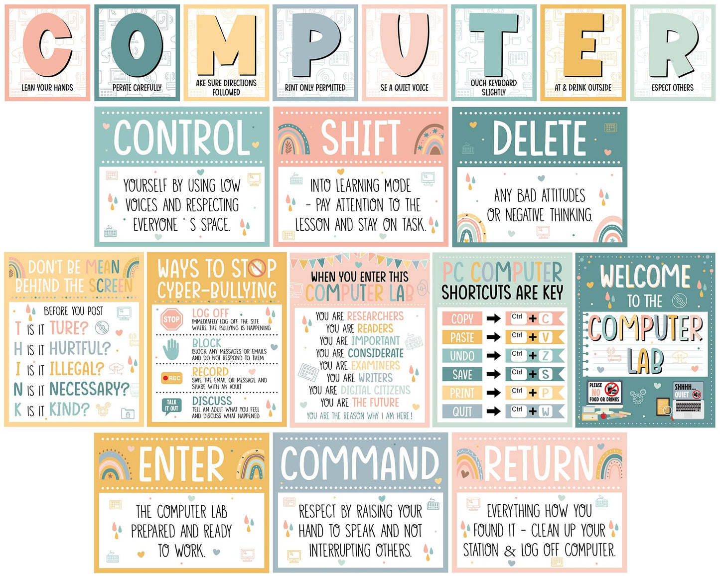 Computer Lab Poster Computer Science Posters Boho Classroom Rules Decorations Inspirational Technology Digital Keyboard Shortcuts Education Chart PC Decor Wall Art Back to School Teacher Supplies