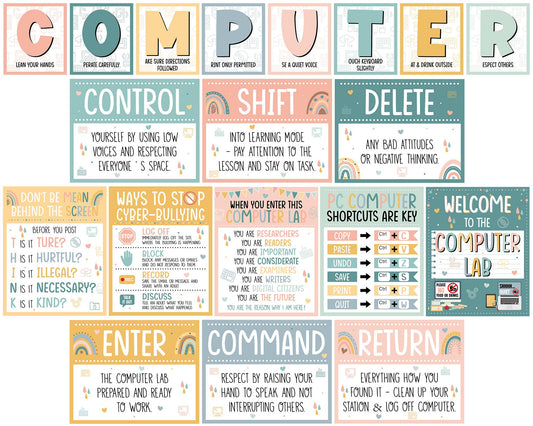 Computer Lab Poster Computer Science Posters Boho Classroom Rules Decorations Inspirational Technology Digital Keyboard Shortcuts Education Chart PC Decor Wall Art Back to School Teacher Supplies