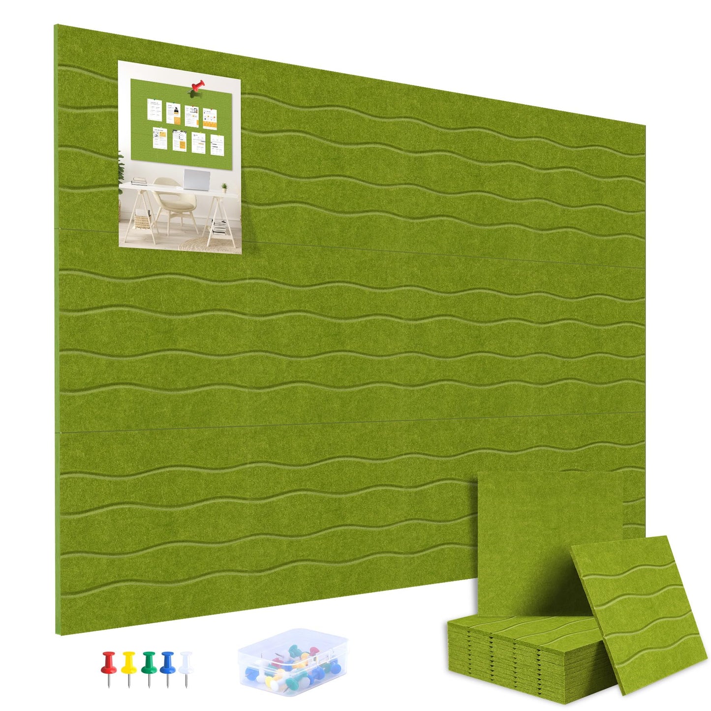 AKONEGE Felt Bulletin Board Tiles 12 Pack, 48" x 36" Cork Board Alternative, DIY Pin Board Wall Tiles for Photo Wall, Vision Board, Room & Home Office Decor, Stick-On with Adhesive Tabs, Forest Green