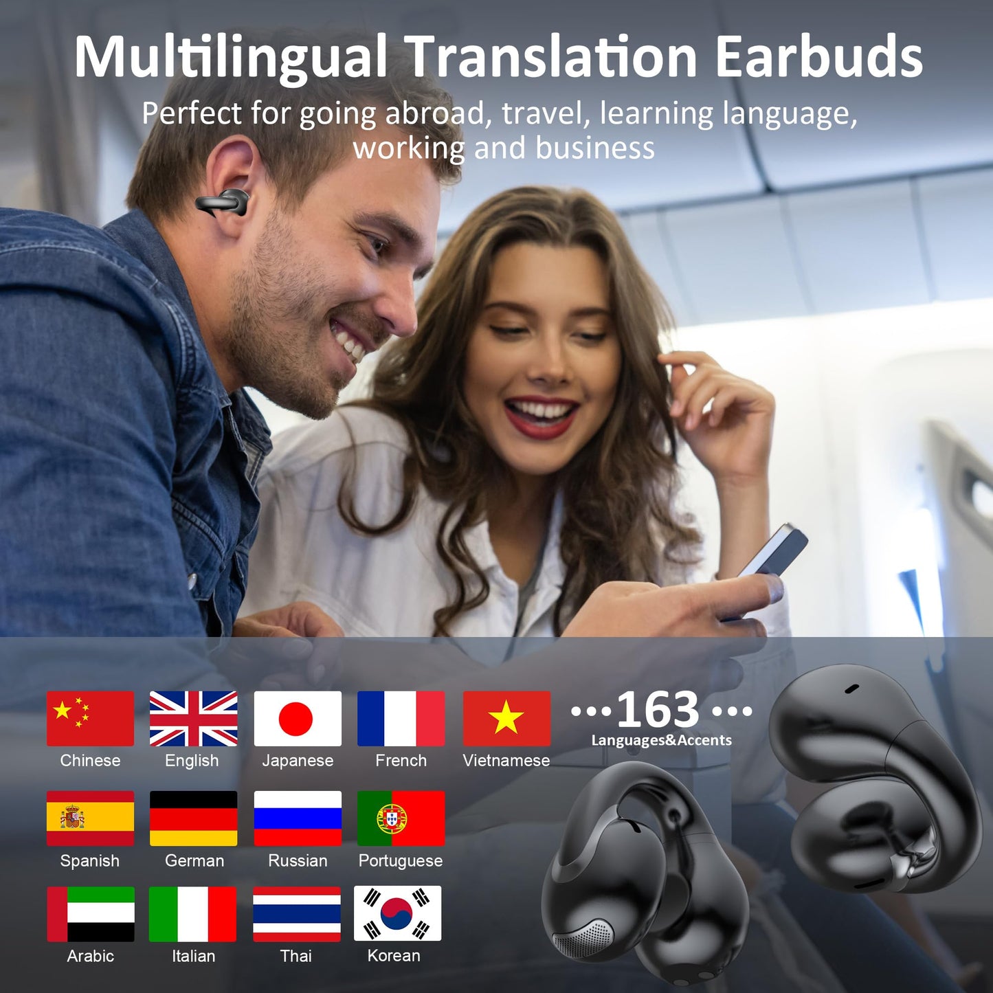 IAMJOY AI Language Translation Earbuds Real Time, Language Translator Earbuds Open Ear Clip-On Design, 163 Language & Accents Two-Way Translator Device with APP for Travel Learning Business, Black