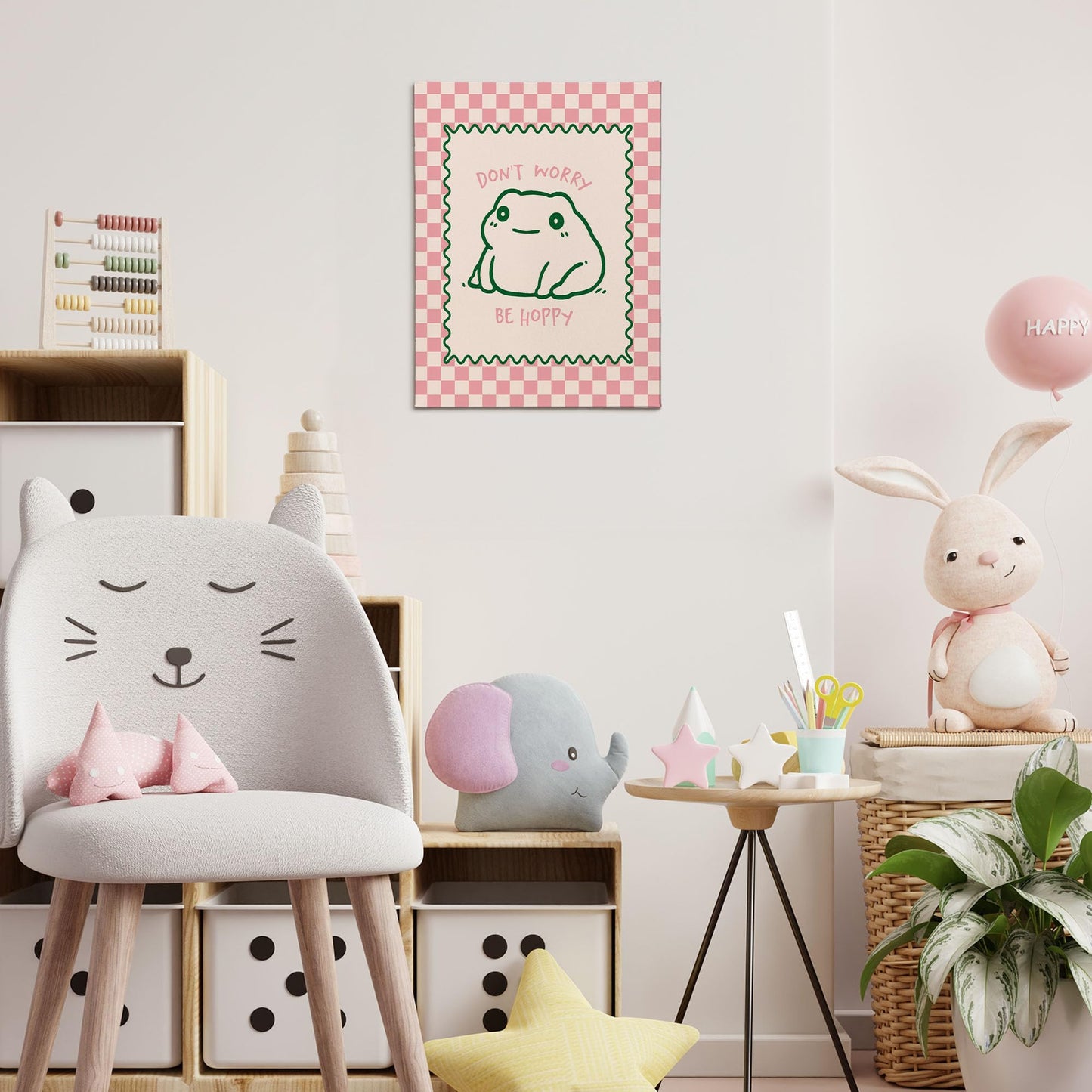 XINCEYWJ Frog Decor, Cute Funny Frog Classroom Wall Decor, Don't Worry Be Hoppy Pink Checkered Canvas Art Prints Framed, Mental Health Cute Funny Wall Art for Kids Bathroom Bedroom Office, 11x14 In