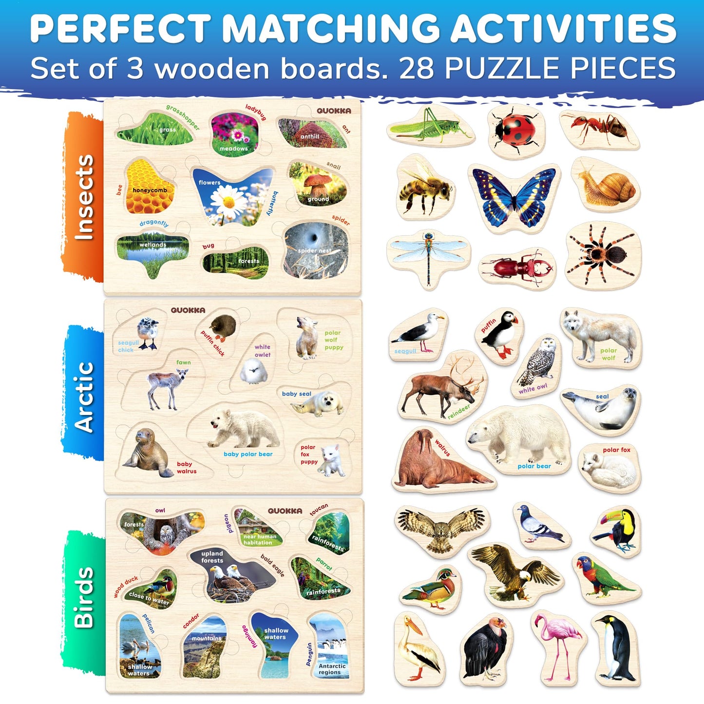 QUOKKA Wooden Puzzles for Toddlers 1-3 – 3xSET Kids Puzzles Ages 2-4 – Montessori Toy Puzzle for Toddlers 3-5 – Wood Toy Learning Realistic Insects - Arctic Animals - Birds for Boy and Girl