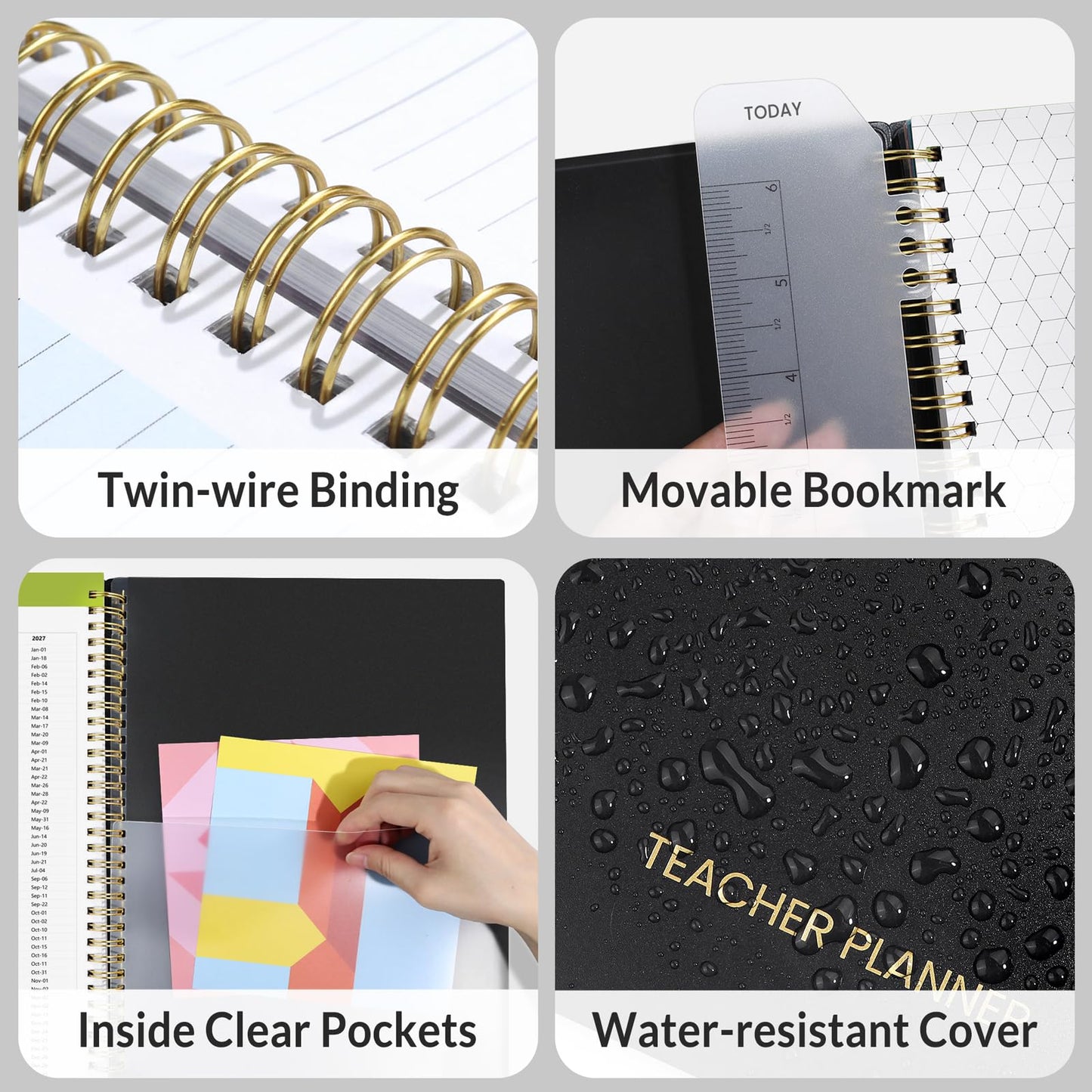SUNEE Teacher Planner 2026-2027 Academic Year, Lite Lesson Planner Book with 7 Periods Jul 2026 - Jun 2027, 8.5"x11" Daily Weekly and Monthly Organizers, Plan Book with Pocket Folder, Color Tabs,Black