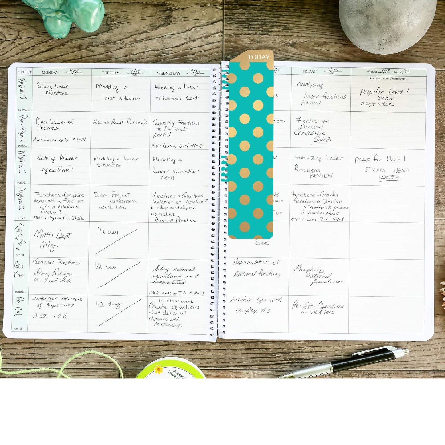 Elan Publishing Company HARDCOVER 7 Period Teacher Lesson Planner - Days Horizontally Across the Top with Bonus Clip-in Bookmark (Gold Dots Turquoise)