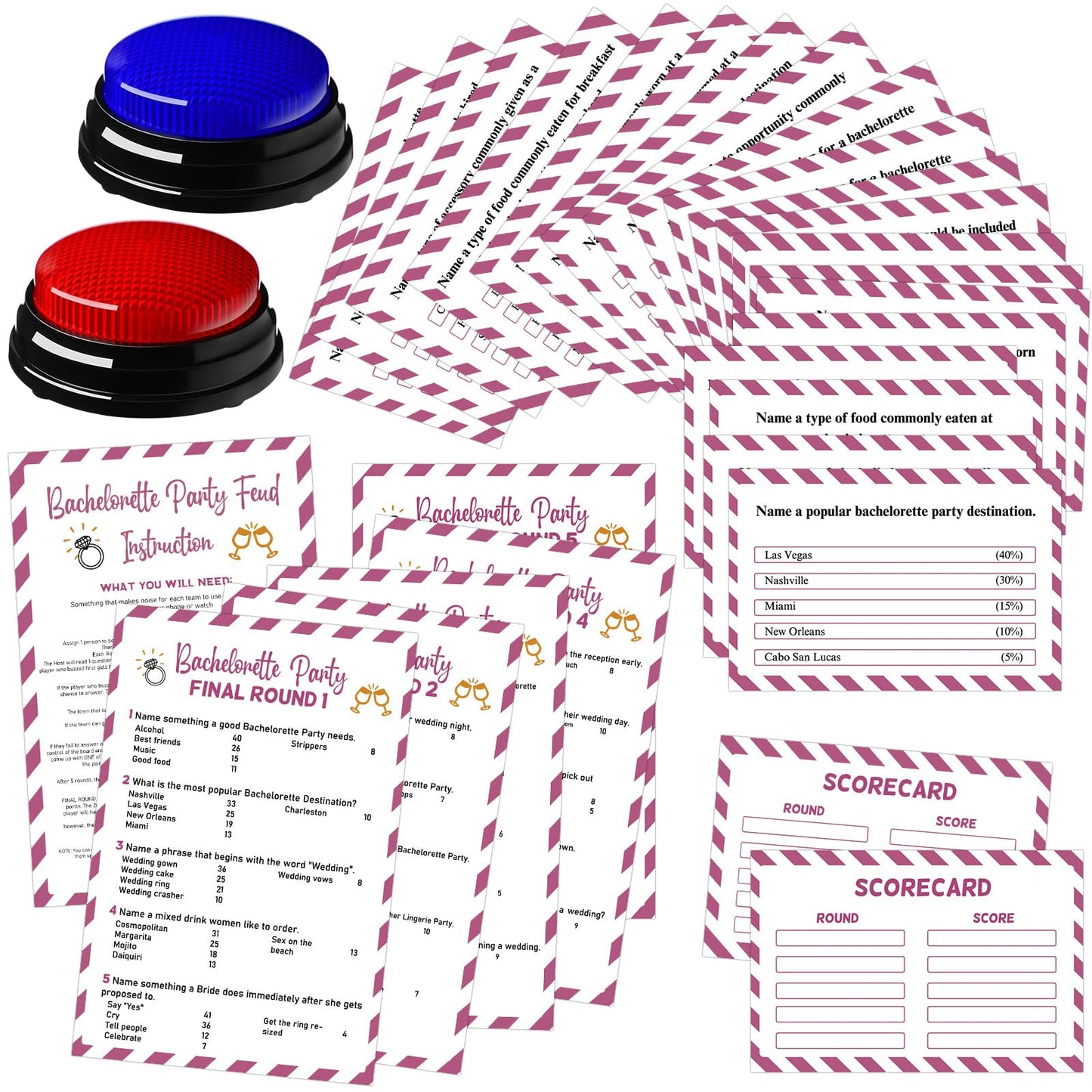 Soulchen Bachelorette Friendly Feud Game Set Bachelorette Party Game Trivia Quiz with Cards and 2 Buzzer for Adults Family Home Games Activities Party Supplies, Battery Not Included