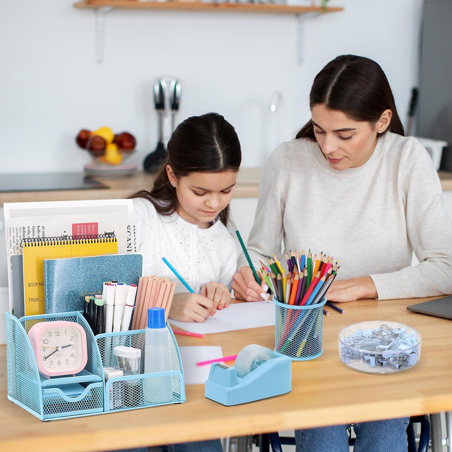 13-in-1 Office Desk Organizer Set with Stapler and Tape Dispenser, Pen Holder, Scissors, Ruler, Hole Punch, 2 Pens & More Desktop Accessories for Back to School Supplies (Blue)