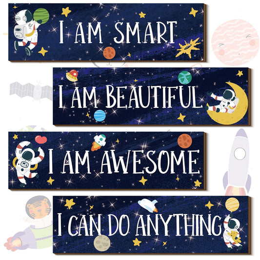 Yookeer 4 Pcs Space Room Decor for Kids Boys Outer Space Wall Art Bedroom Decor for Nursery Classroom Astronaut Galaxy Posters Spaceman Wood Sign Be Brave and Be Kind for Baby Boy(I)
