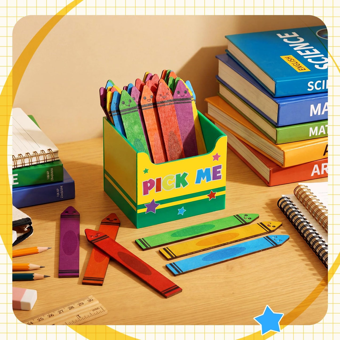 Eaasty 37 Pcs Back to School Crayon Flip Name Sticks with Pick Me Box Crayon Classroom Talking Flip Sticks for Classroom Management Tool Teacher Essentials Student Educational and Learning Activities