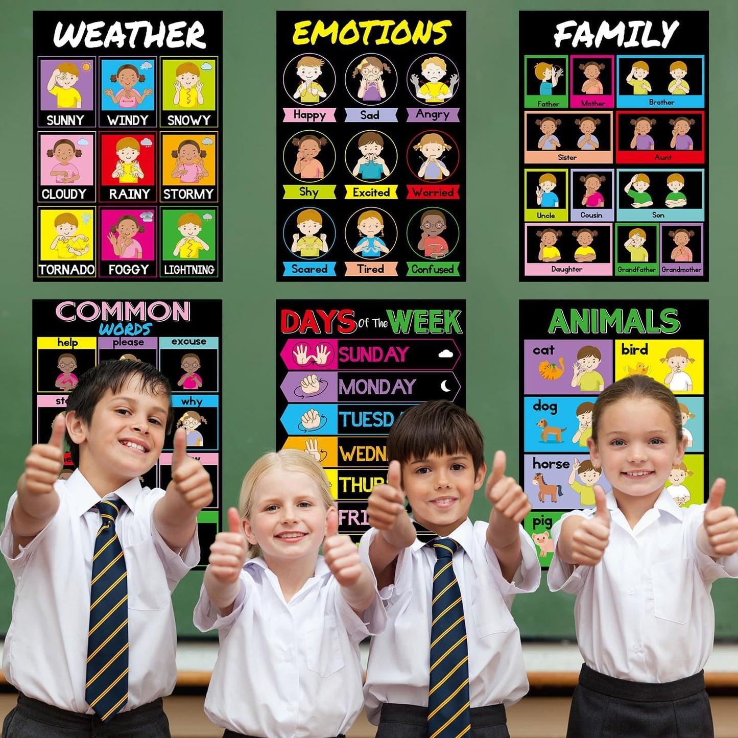 gisgfim 18 Pieces ASL Poster America Sign Language Poster ASL Study Charts for Classroom Education Posters Sign Language for Primary School Toddlers Kids Students Classroom Decor (Black)