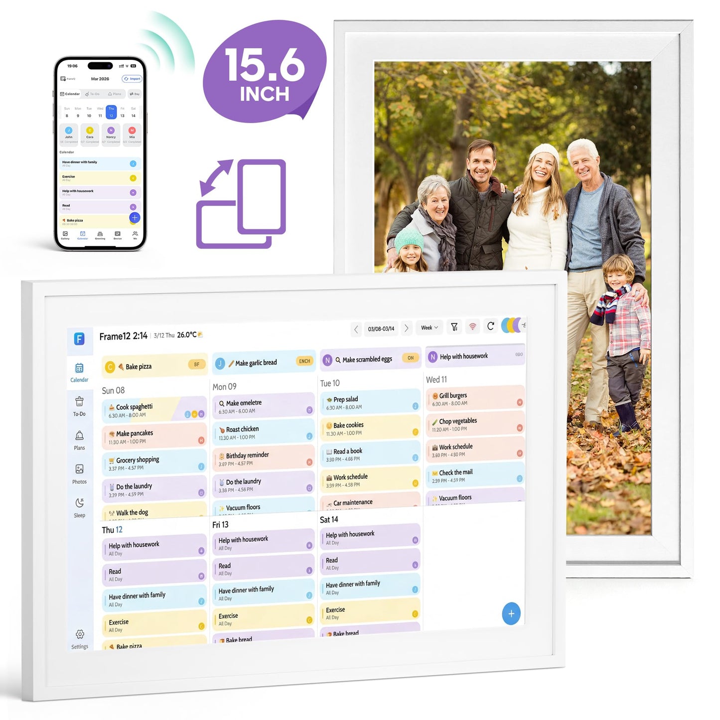 Fenbeli 15.6 Inch Smart Digital Calendar & Family Wall Planner, No Subscription, 6-App Two-Way Sync, Chore Chart Meal Planner Photo Frame, Full HD IPS Touchscreen 32GB, Desk & Wall Mount