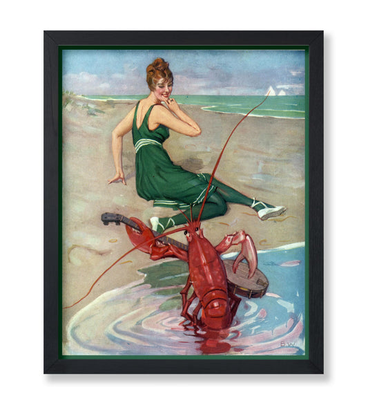 Monem Art Vintage Lobster Serenade Poster - Retro Woman In Bathing Suit Print - Beach Art - Gift for Men & Women - Funny Wall Decor for Living Room, Ocean or Beach House - 8x10 UNFRAMED Wall Art