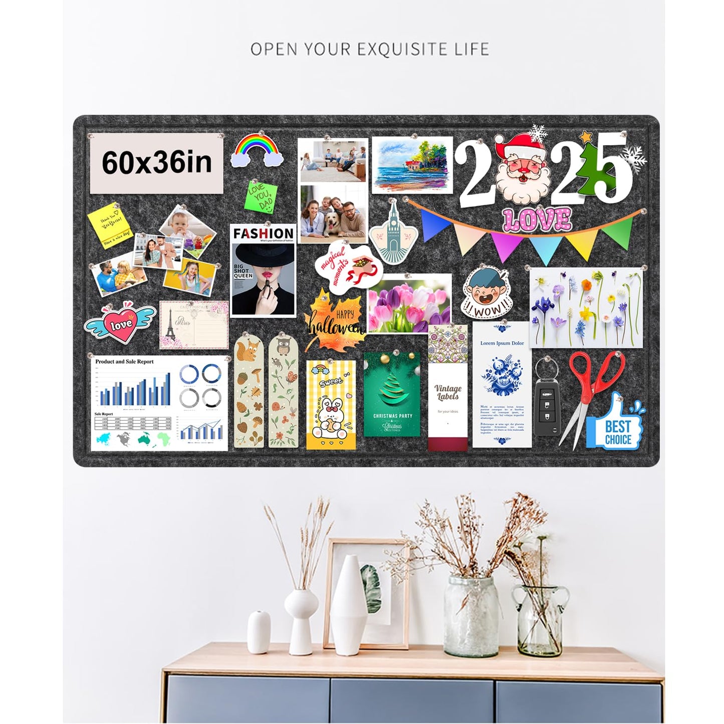 Large Bulletin Board, Foldable 60x36 Inches Cork Board Alternative, Large Felt Board Decorative Pin Board for Wall, Foldable Photo Board Self-Adhesive Vision Board with 36 Pushpins Dark Gray