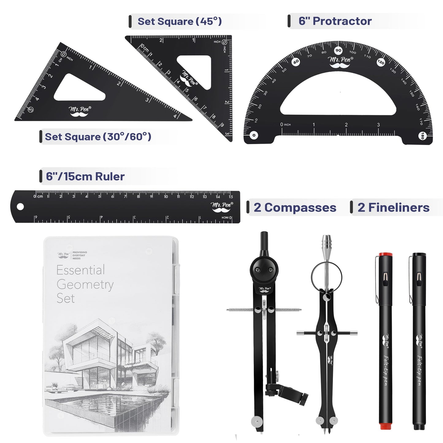 Mr. Pen- Professional Geometry Set, 15 pcs, Drafting Tools with Protractor, Compass, Metal Ruler, Triangles, Pens & Pencils, Complete Geometry & Drafting Kit for Architects, Engineers & Students
