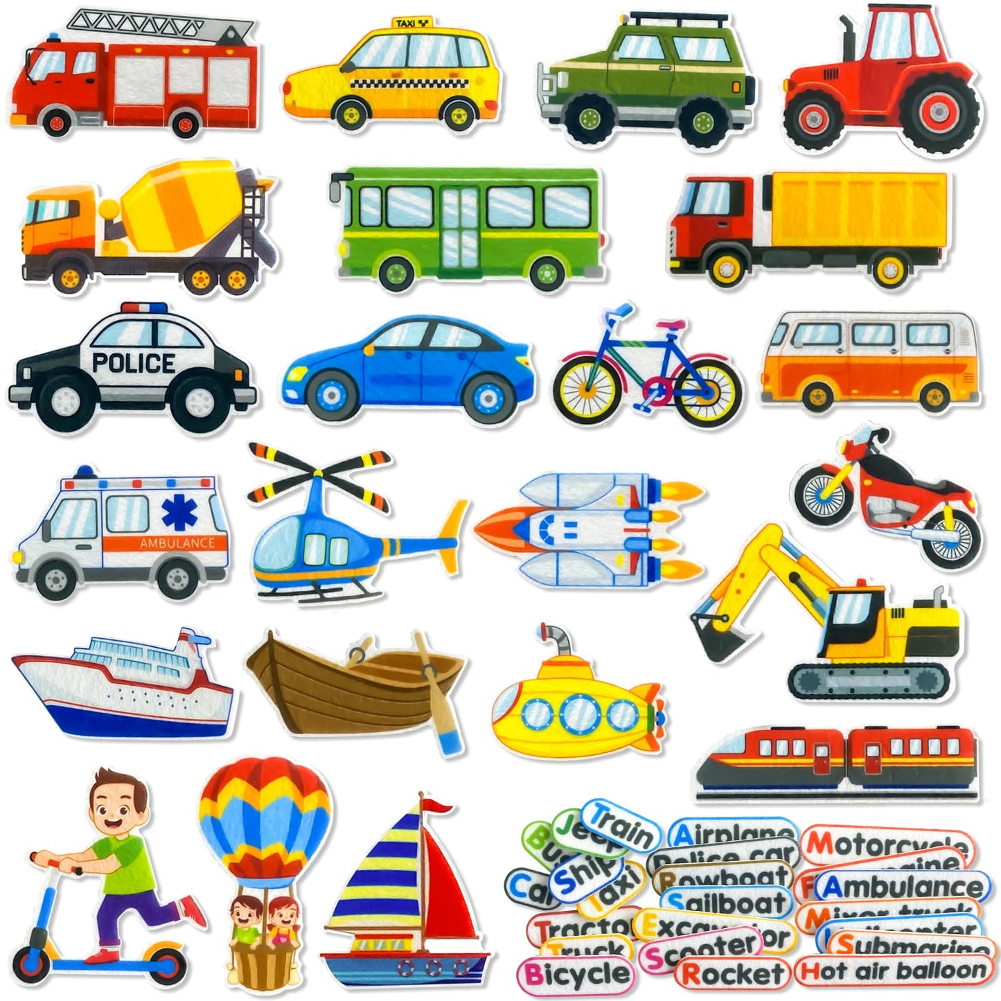 PENGFULL Felt Transportation Vehicles Learning Pieces,48 Felt Flannel Board Pieces,Air Land Sea Airplane Learning for Toddlers for Kindergarten,Preschool,Toddlers