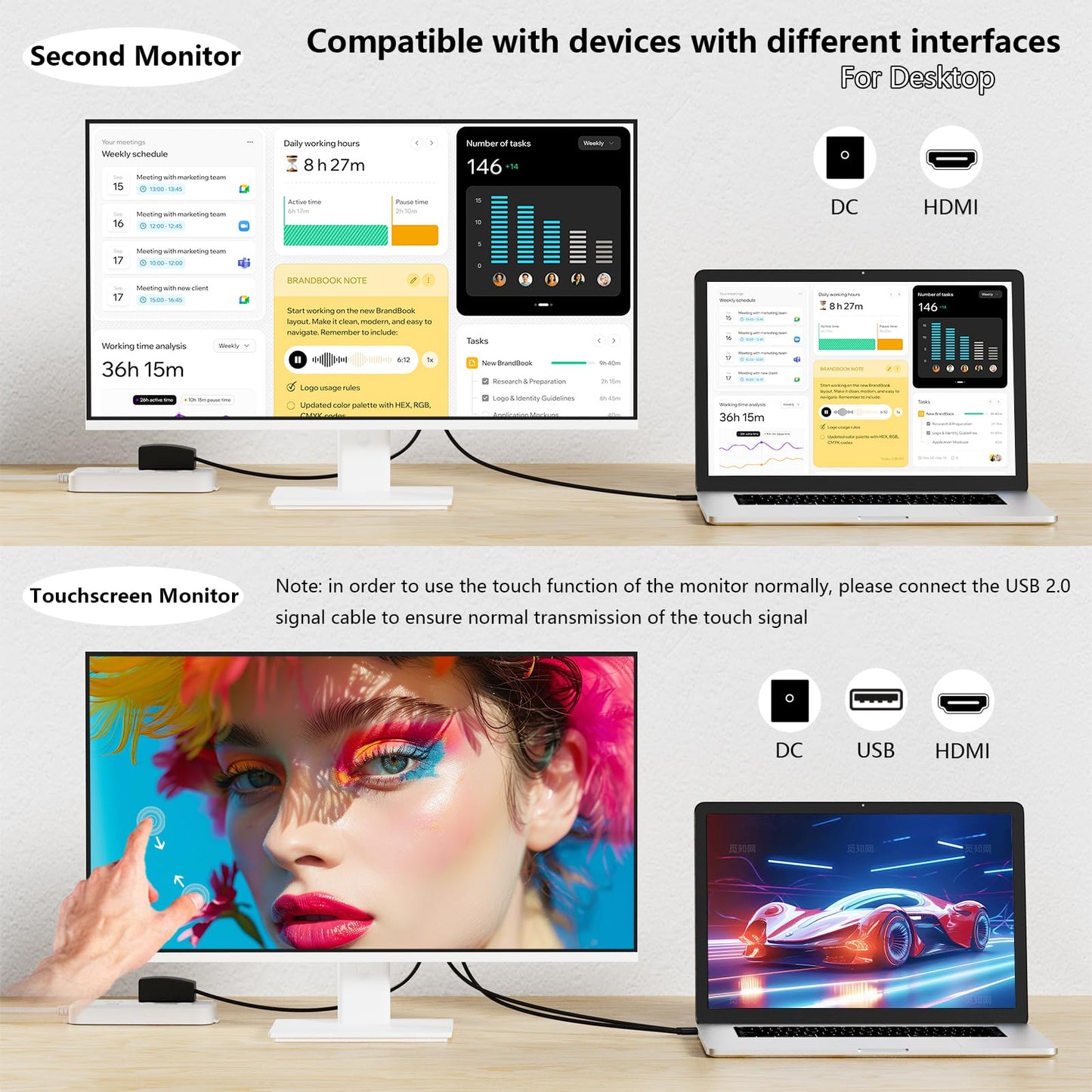 Pisichen Touchscreen Monitor 2K 27 Inch IPS Gaming 100Hz, 10-Point Touch QHD 2560x1440 PC Display, HDMI VGA USBC Computer Monitor, Built-in Speakers, White