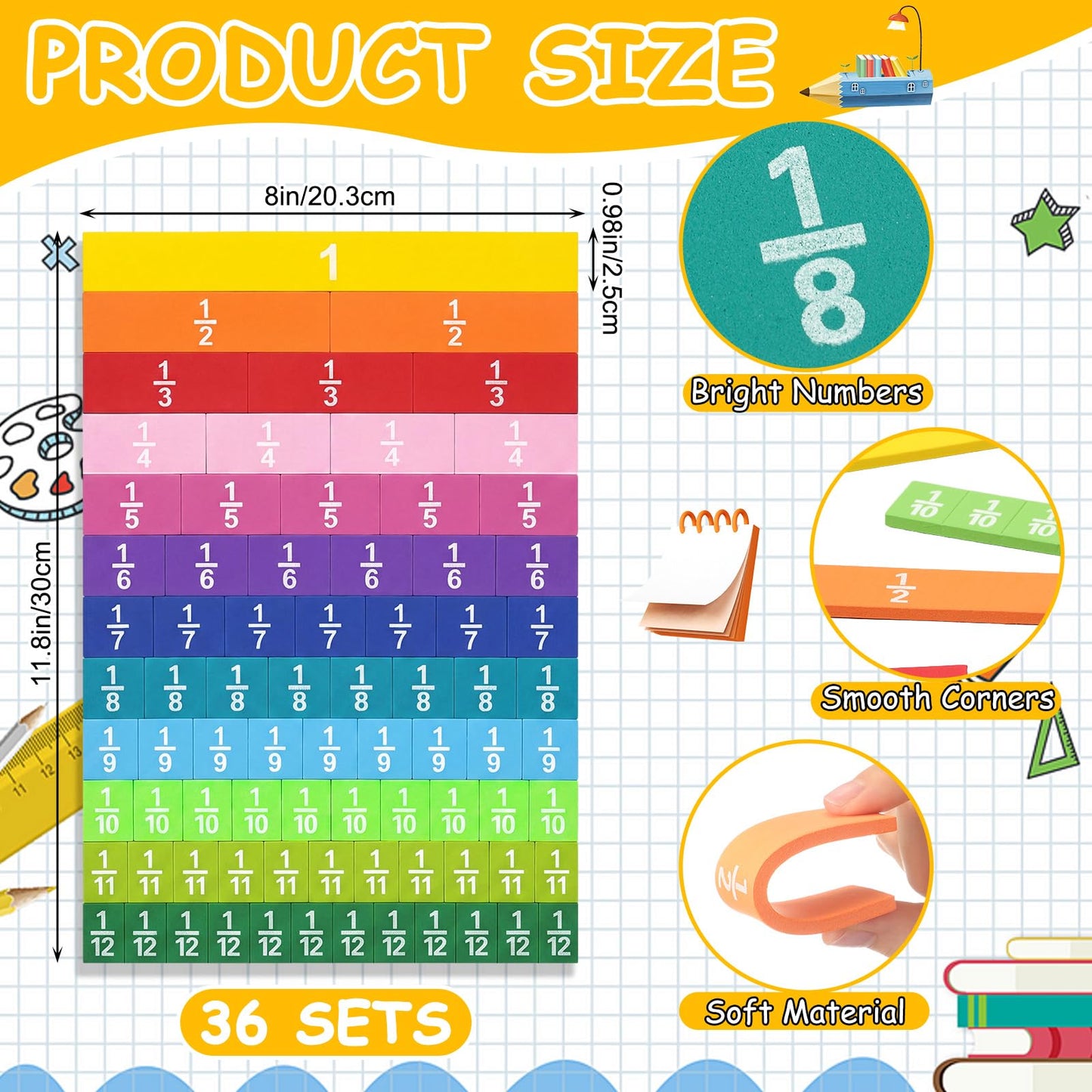 Sayglossy 36 Sets Fraction Tiles Set for Classroom Rainbow 11.8 x 8 in Fraction Strips Bars Math Manipulatives Montessori Math Materials for Home Learning School Educational (Muted Color)