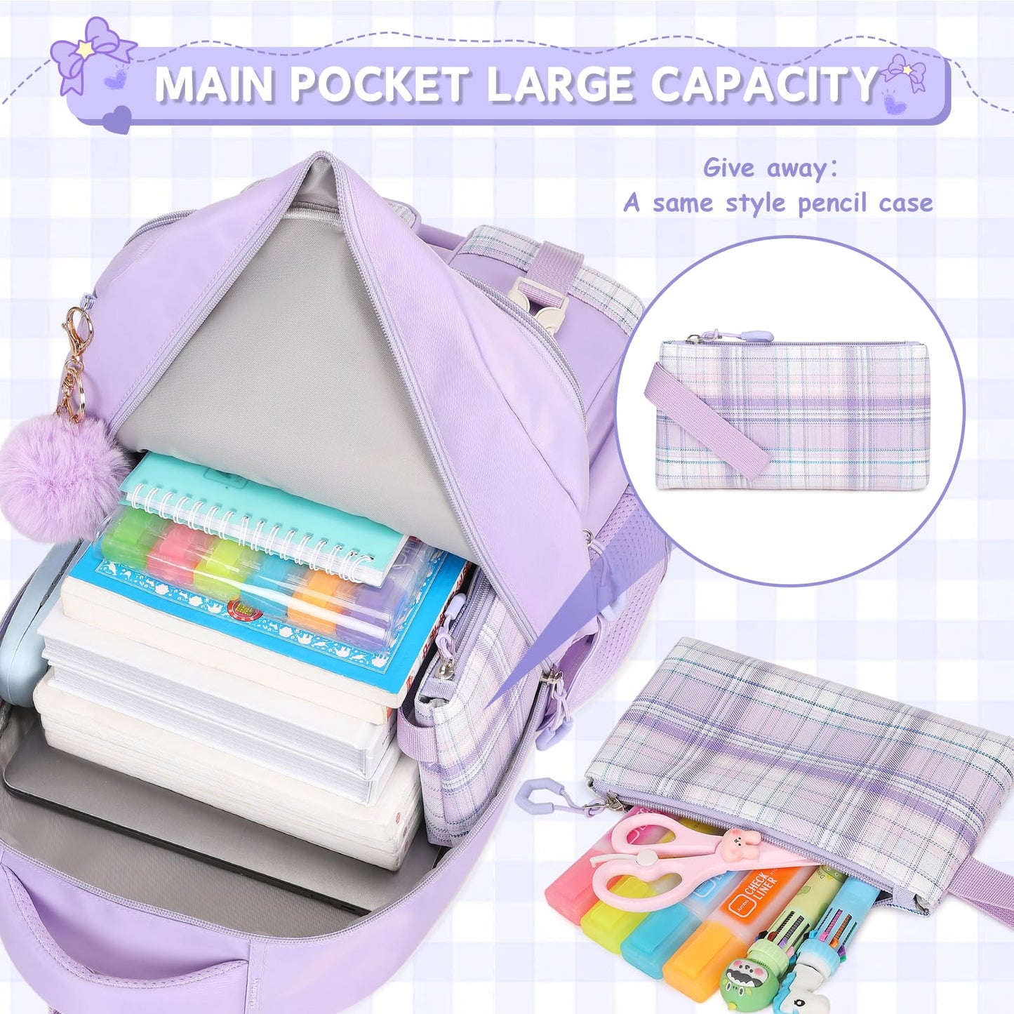 MOONBABY Girls Backpack, Kids Backpack for Girls School Bags with Pen Case, Bow Plaid Book Bag for Elementary Middle Primary High School College, Purple-2pcs