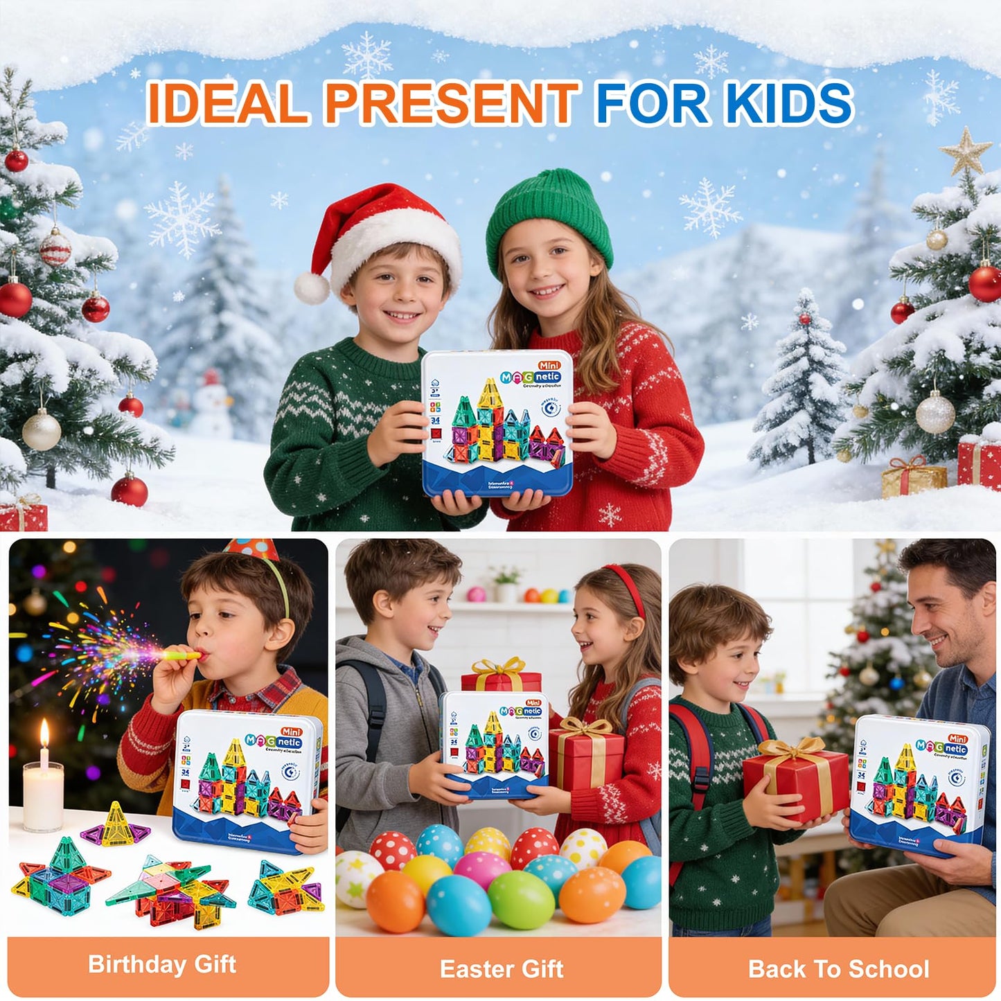 orientfire 34 PCS Mini Magnetic Tiles with Metal Storage Box,Magnetic Building Tiles,STEM Approved Educational Travel Magnetic Tiles for Kids Ages 3-8 Christmas Birthday Gifts