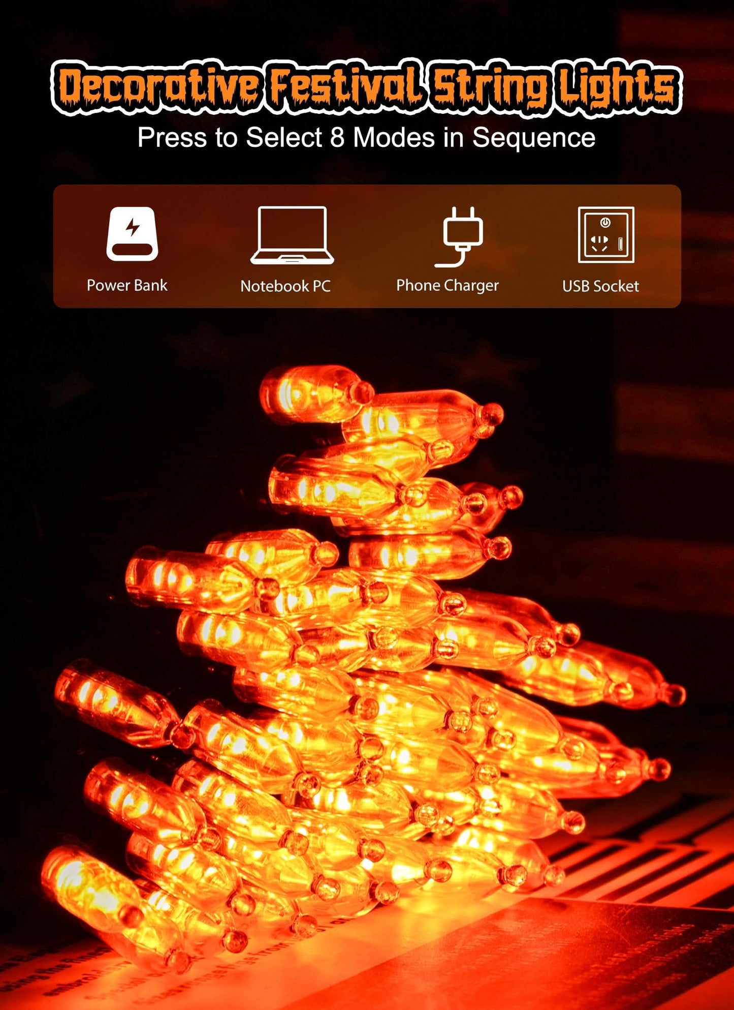 Minetom Halloween String Lights, 100 LED, 39 FT, Orange, USB Powered, 8 Modes, Indoor Decor for Holiday and Party