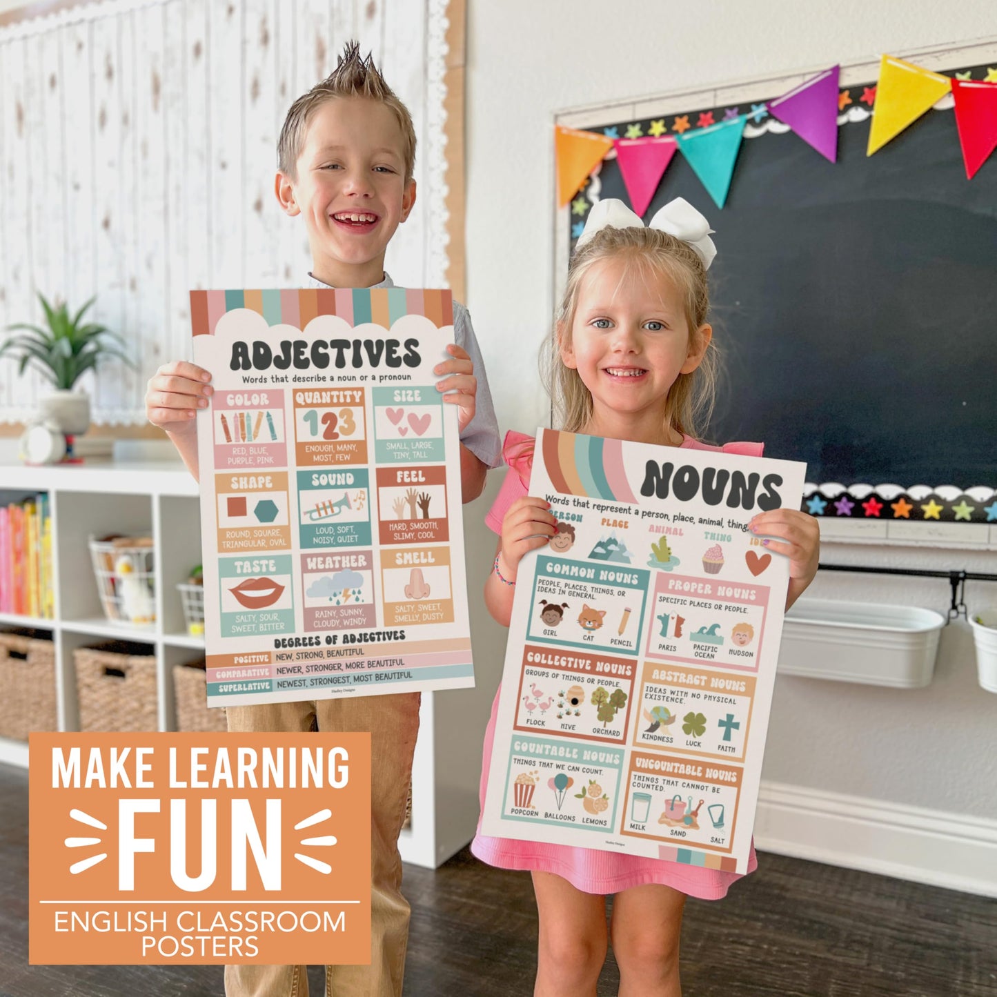 Parts of Speech Posters for Classroom Must Haves - 12 Grammar Posters, Writing Process for Homeschool, Elementary & Middle School, ELA 3rd 4th & 5th Grade Teacher Must Haves, Retro Classroom Decor