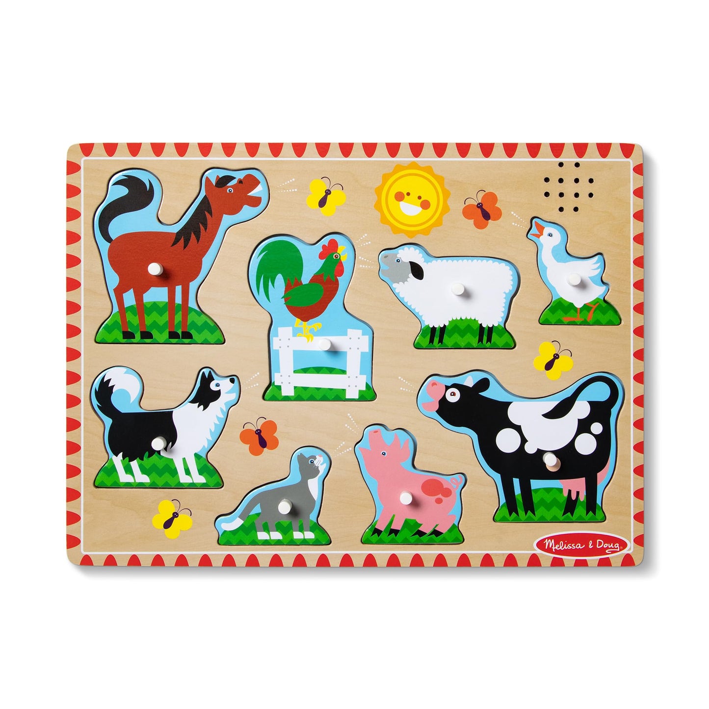 Melissa & Doug Farm Animals Sound Puzzle – 8-Piece Wooden Peg Puzzle with Light-Activated Sounds, Music Learning Toy for Toddlers and Preschoolers Ages 2+