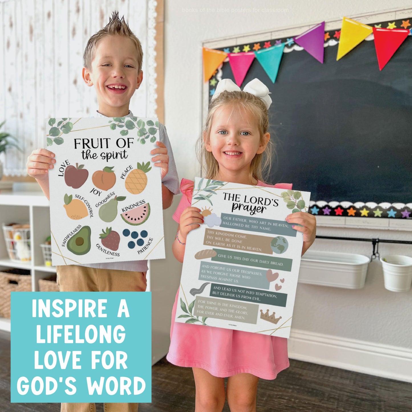 Hadley Designs Sunday School Decorations for Classroom –9 Bible Posters for Kids, Books of the Bible, 10 Commandments, Bible Timeline Chart, Fruits of the Spirit, Greenery Christian Classroom Decor