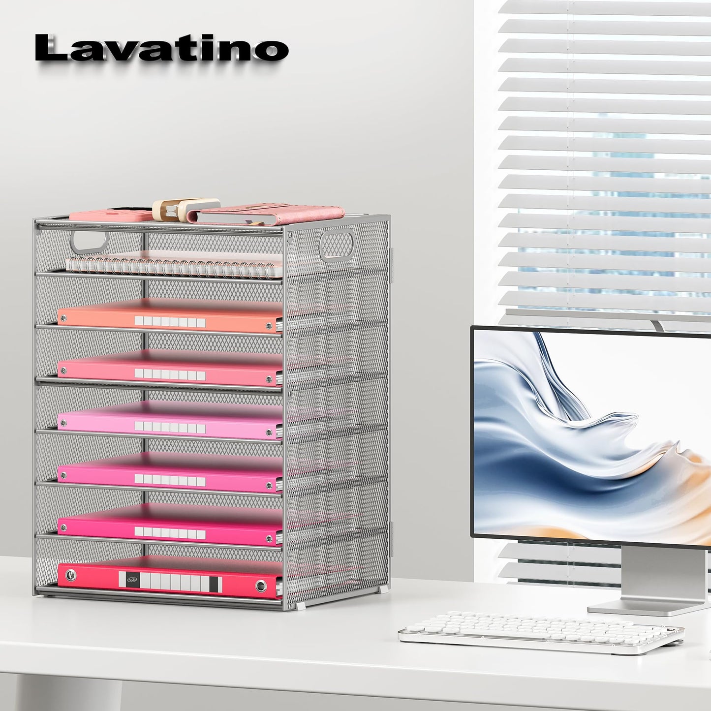 Lavatino 2 Pack 8-Tier Office Desk File Organizer, Letter Tray Paper Organizer with Handle, Including 5 Adjustable Slide Trays for Organizing Desk Workspace Accessories and Supplies (Silver Mesh)