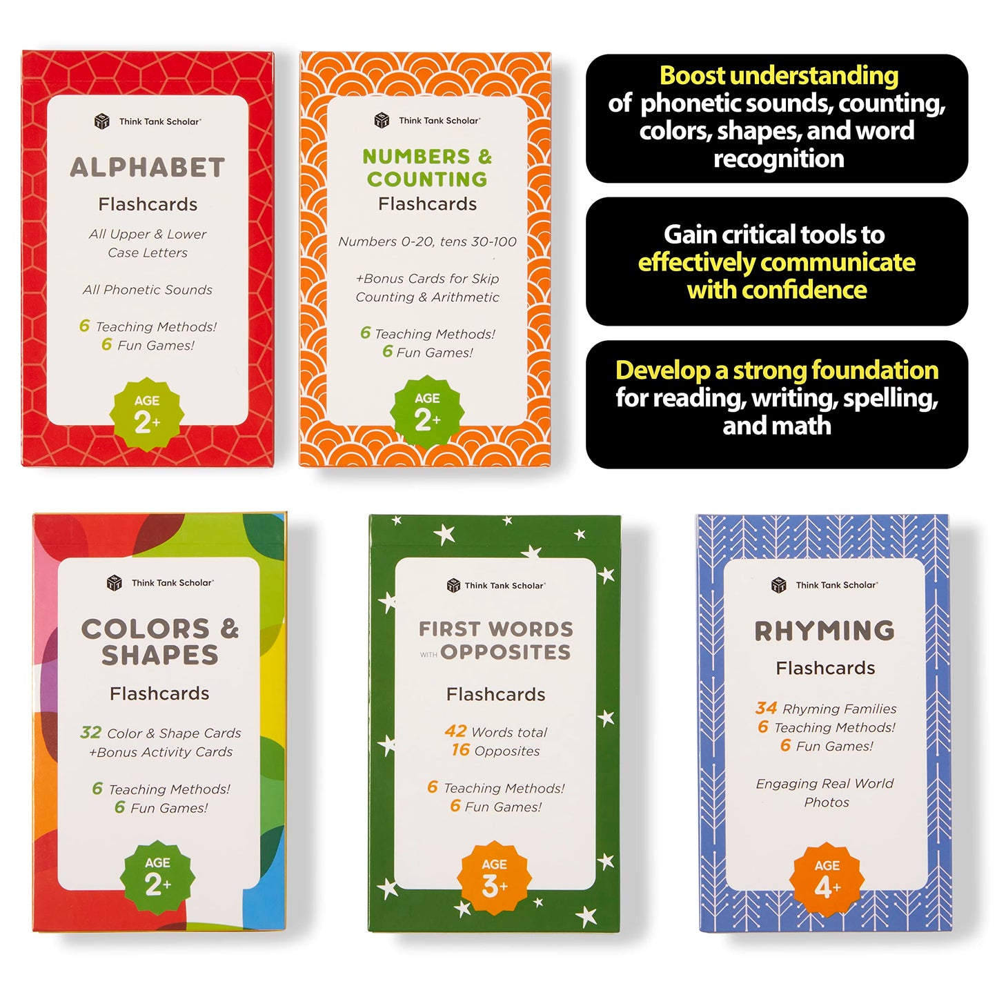 Award-Winning Flash Cards for Preschool & Kindergarten – 5-Deck Set, 180 Jumbo Cards – Learn Alphabet, Numbers, Colors, Shapes, First Words, Opposites & Rhyming – for Kids Ages 2–5