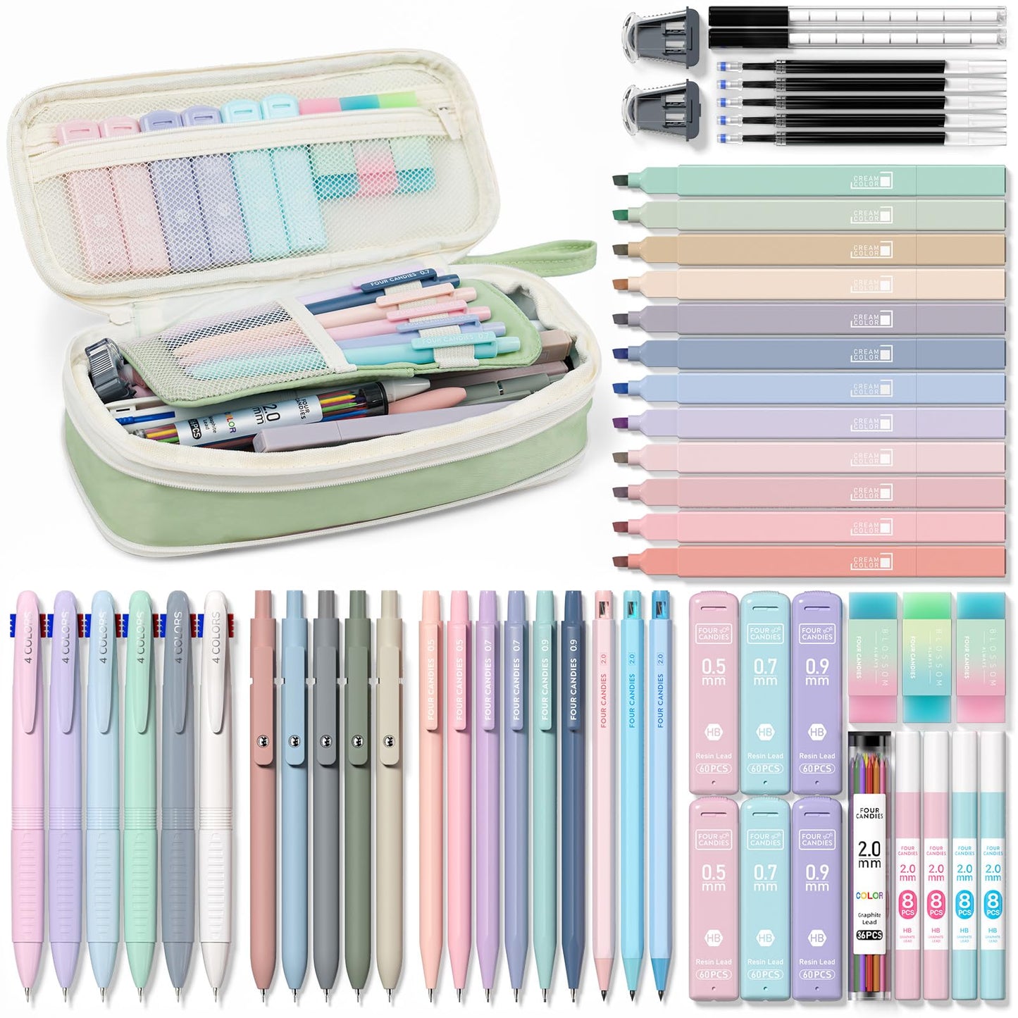 Four Candies 56 PCS Stationery Set, Cute Organizer with Supplies, 6 Multicolor Pens, 12 Pastel Highlighters, 5 Gel Pens Black Ink, 9 Mechanical Pencils for College Essentials Stuff (Green)