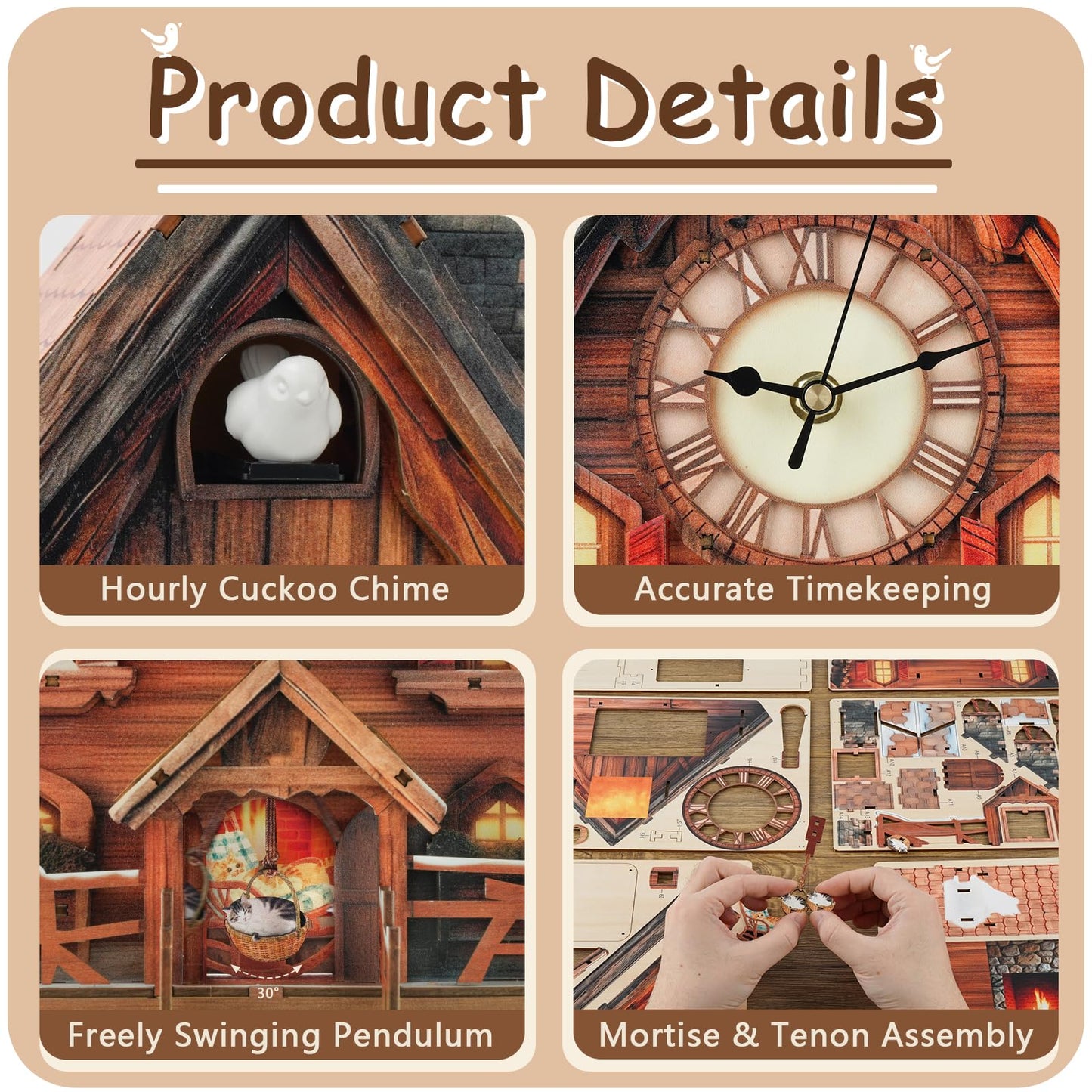 3D Puzzle for Adults Clock,Swiss Chalet Cuckoo Clock Model Kit-Mechanical DIY Pendulum Clock with Roman Numerals-Desk Home Office Decor Personalized Gifts for DIY Lover