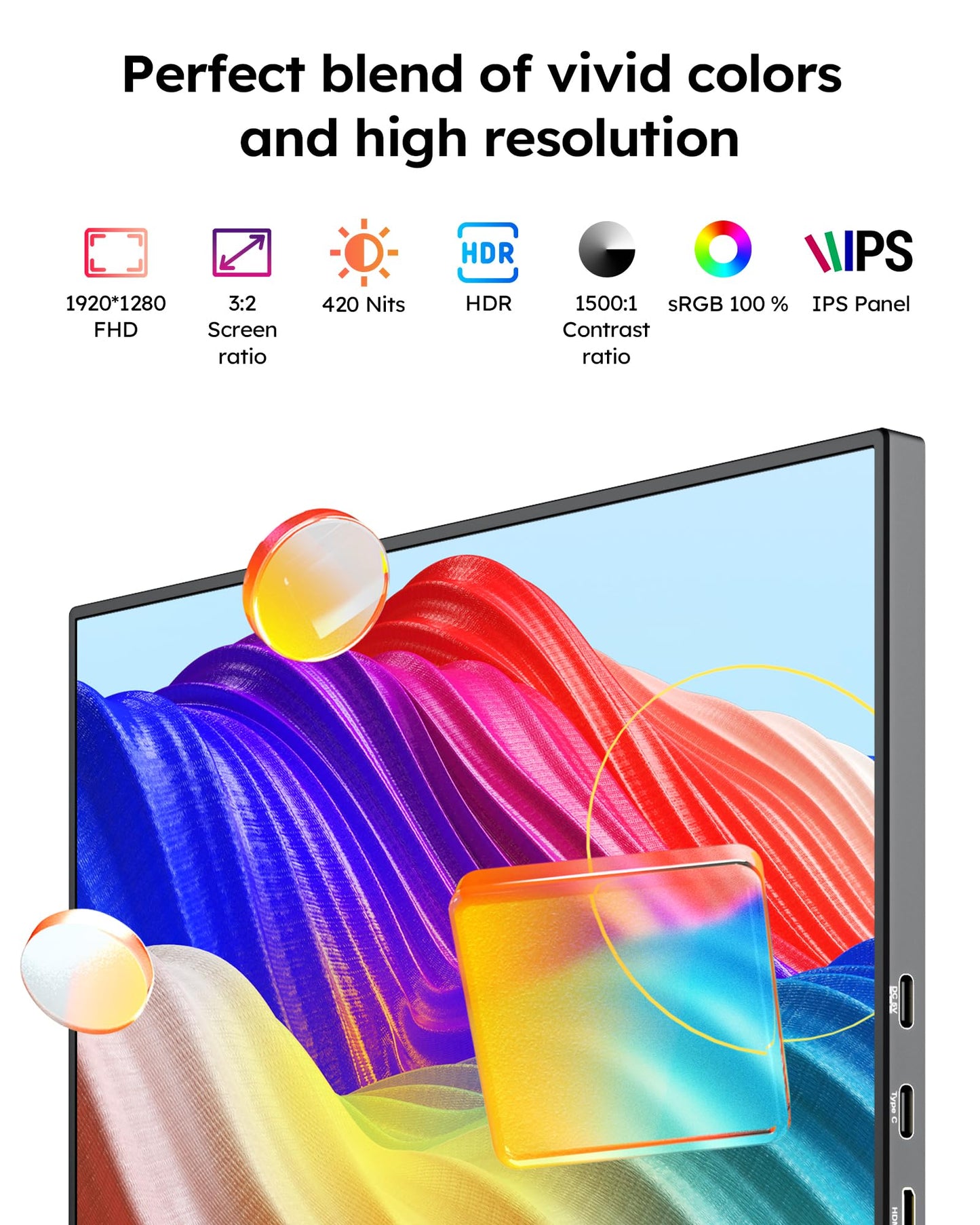 Portable Monitor,10.5" HDR 1280P Ultra-Thin 100% sRGB Travel Portable Monitor for Laptop, 420 Nits Mini Secondary Display with Protective Case & Speaker, Monitors for Laptop, PC Mac Phone PS4/5 Xbox