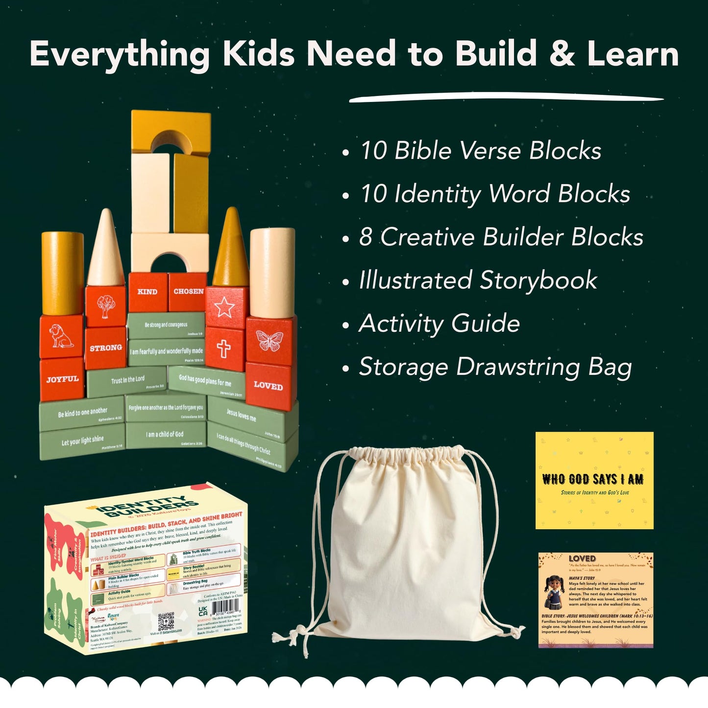 Bible Building Blocks for Kids – Christian Wooden Toy with Bible Verses & Positive Identity Words, Faith-Based Learning Set with Storybook & Storage Bag (Ages 3+) – Christian Gifts - KultureGames