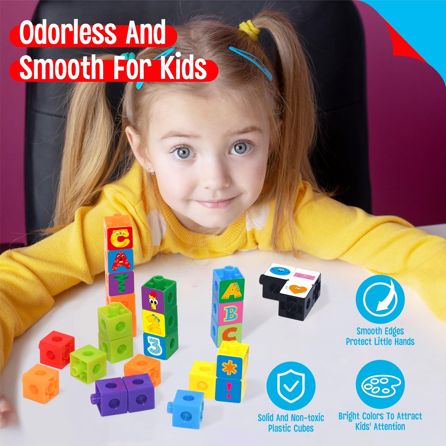 100 Math Linking Cubes, Math Cubes with 384 Reusable Stickers-Letters, Numbers, Shapes, Manipulative Geometric Connecting and Counting Blocks, Educational Toy for Kids Math Learning and Fun Activities
