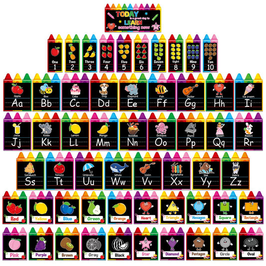 QOUBAI 57Pcs Alphabet Number Bulletin Board Set Crayon Letters Number Colors Shapes Poster Back to School Wall Educational Learning Cards for Teacher Kids Preschool Kindergarten Classroom Decor