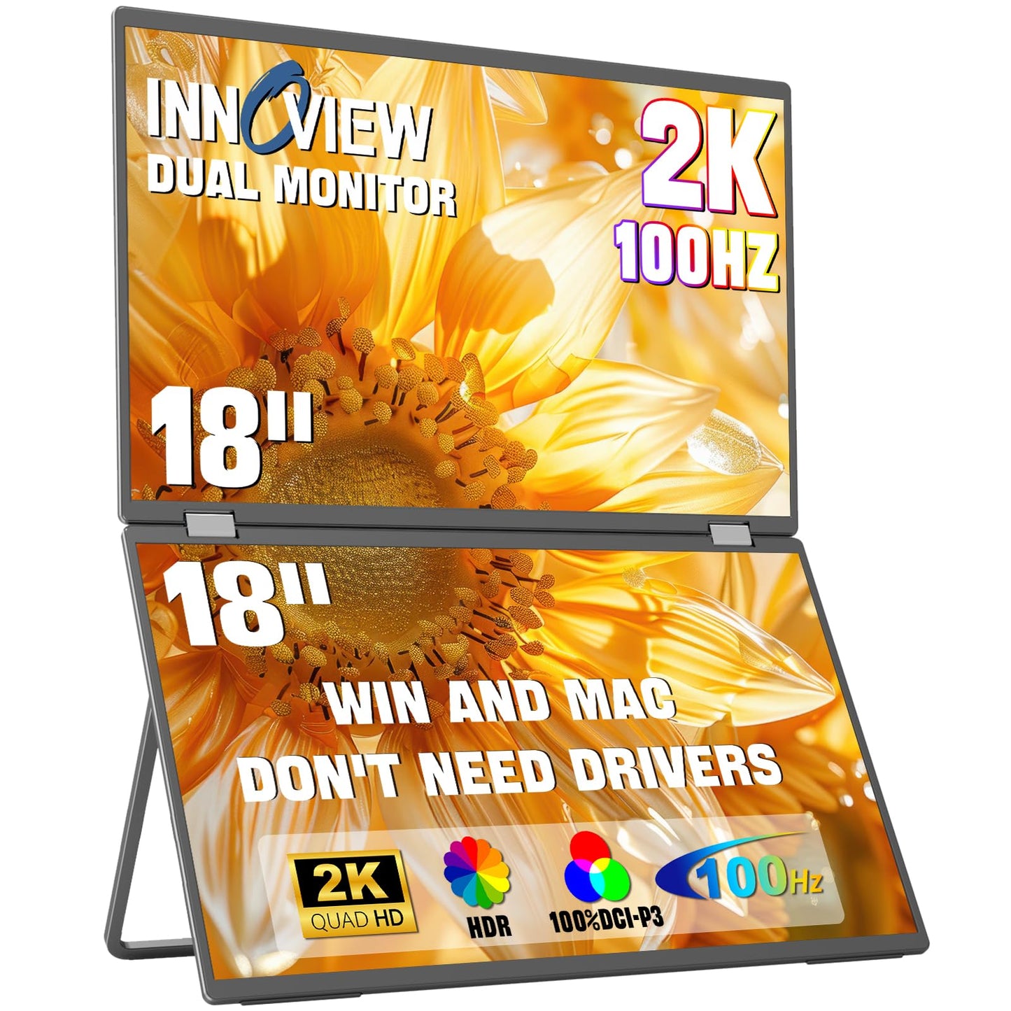 InnoView Dual Portable Monitor 18" 2560x1600P 100Hz 2K 100% DCI-P3 - Foldable & Stackable Design with 315° Screen Adjustment & 180° Stand | DP/USB-C/HDMI, Second Monitor for Laptop, Mac, Windows