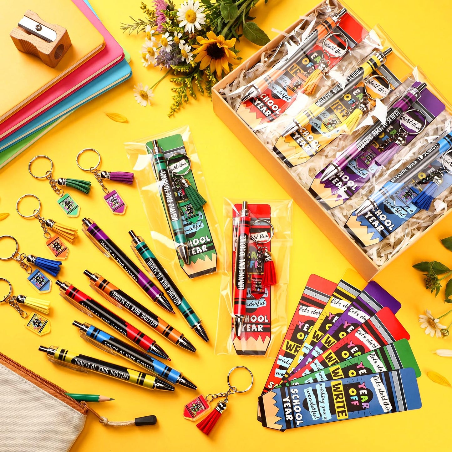 Tenceur 30 Set Bulk Back to School Gifts for Students Crayon Themed Ballpoint Pens Keychains and Cards Set First Day of School Gifts Supplies for Teacher Classroom Rewards Party Favors