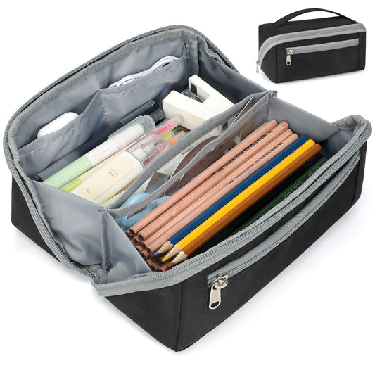 BrainyBees Large Capacity Pencil Case - Pencil Pouch for Teen Boys, Aesthetic Pouch Organizer with 8 Compartments, Wide Opening Marker Bag for Middle High School College, Fits Calculator, Black