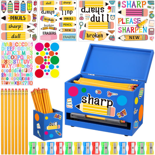 Watersay 108 Pcs Pencil Dispenser Kit for Classroom Wooden Sharp and Dull Pencil Holder 50 Pencils 50 Sharpener 6 Sticker Classroom Teacher Must Have Straw Dispenser for Back to School(Royal Blue)