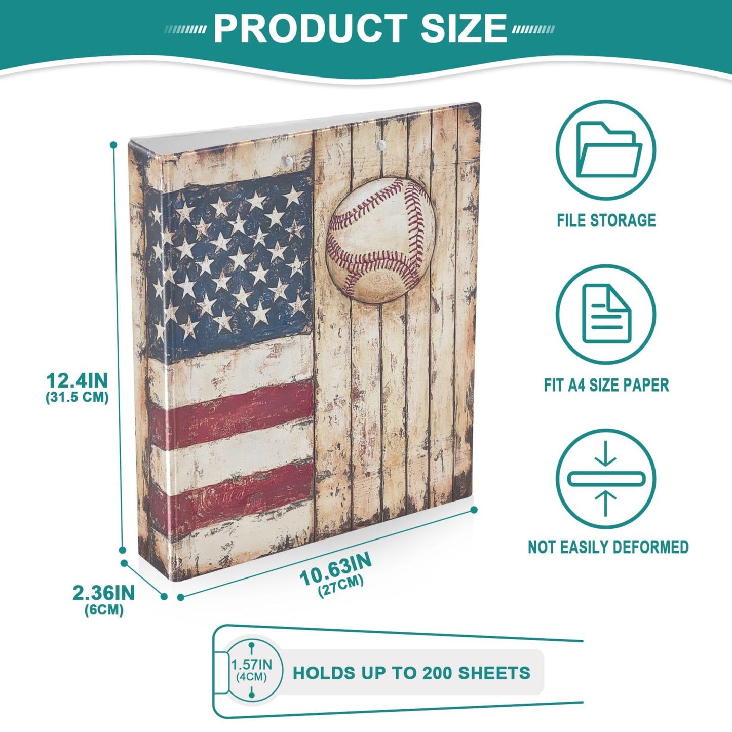 Retro American Flag Baseball Round Ring Binders 1.5 Inch Softball Wooden Background 3 Ring Clipboard Binder for Office School Work Supplies File Folder 200 Sheet Capacity
