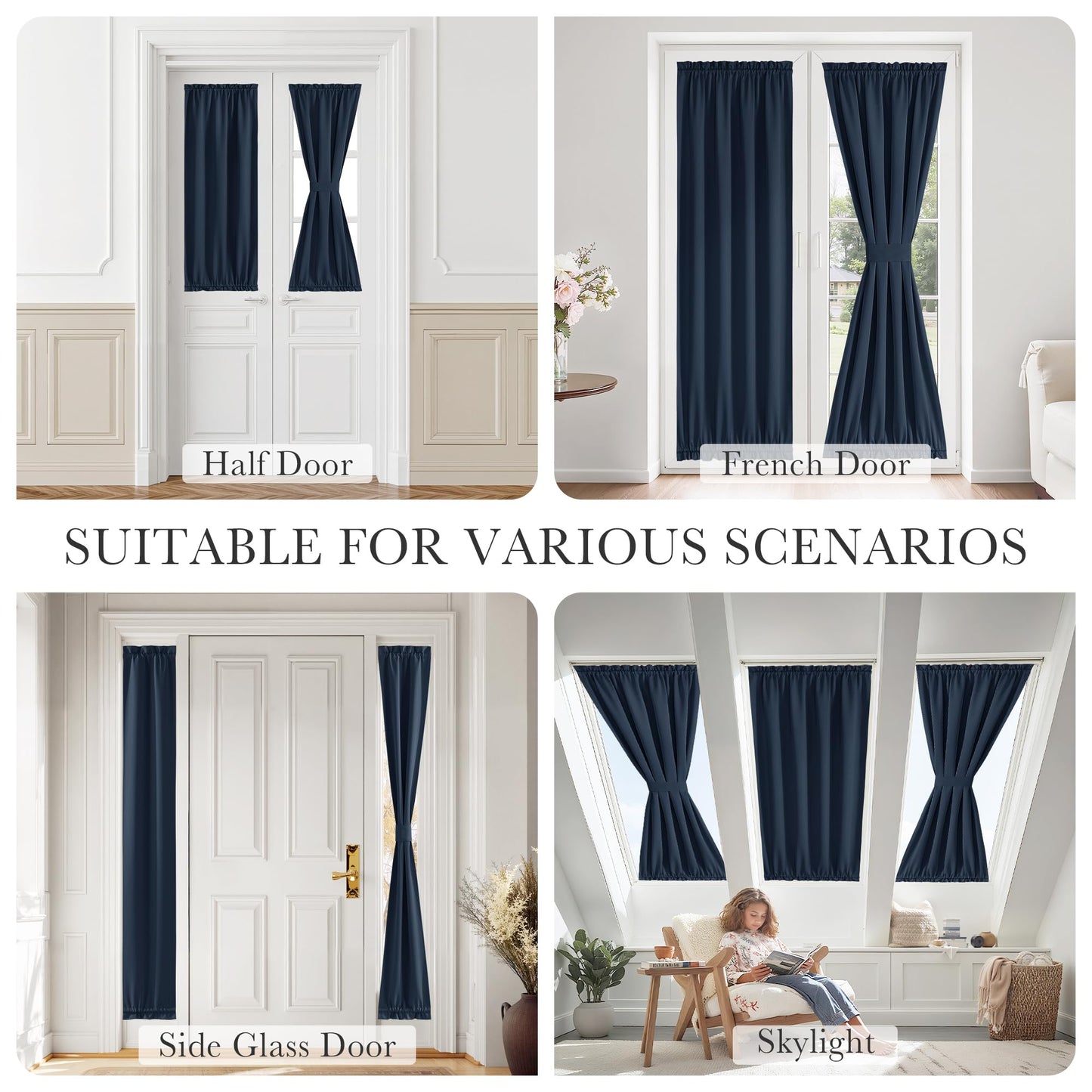 PONY DANCE Navy Blue Back Door Curtains for Door Window, 100% Blackout Dual Rod Pocket Privacy French Curtain for Kitchen, Thermal Insulated Small Window Drapes for Classroom, W25 x L40, 1 Panel