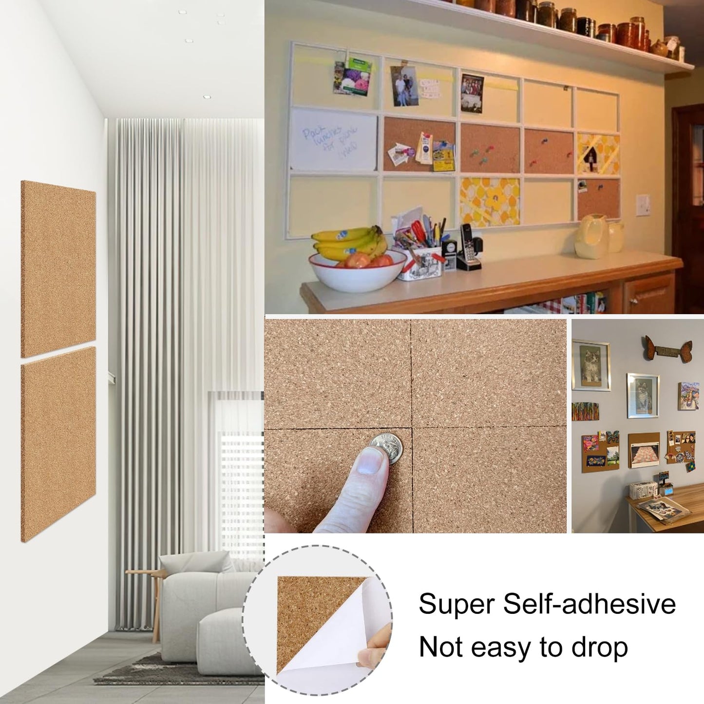 NACHLYNN Cork Board 6 Pack 12 x 12 Self-Adhesive Corkboards for Wall Square Bulletin Board with 100 Push Pins Frameless Cork Tiles for Walls Home Office