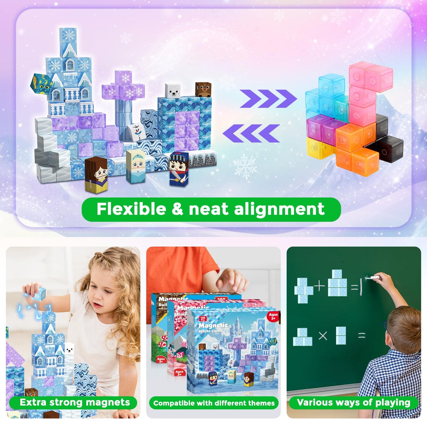 Magnetic Blocks - 100PCS Magnetic Building Block for Kids Age 3+, Transparent Magnet Cubes Blue Castle Building Toy Sets, STEM Magnets Toys Easter Birthday Gift for Boys Girls 4 5 6 7 8 9 10 11 12+
